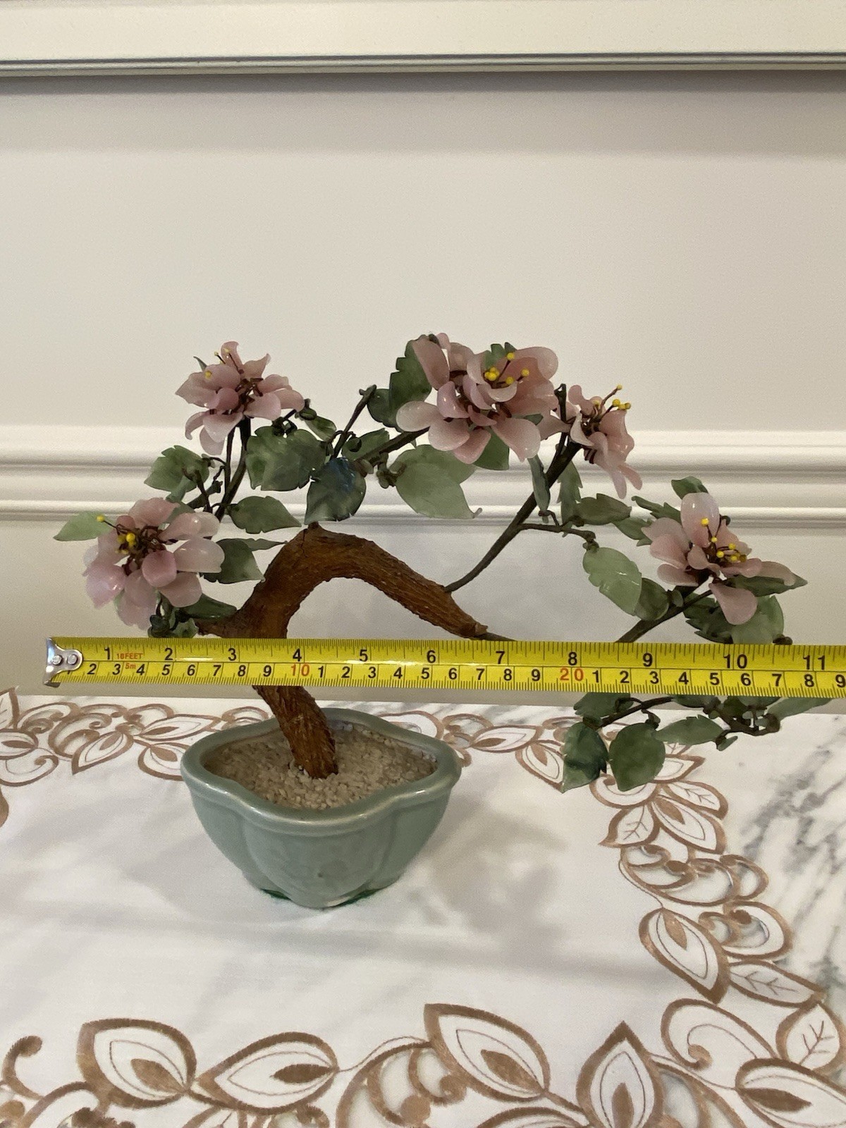 Vintage Japan Art Glass Jade Bonsai Tree with pale pink flowers 9.5” H x 11”W.