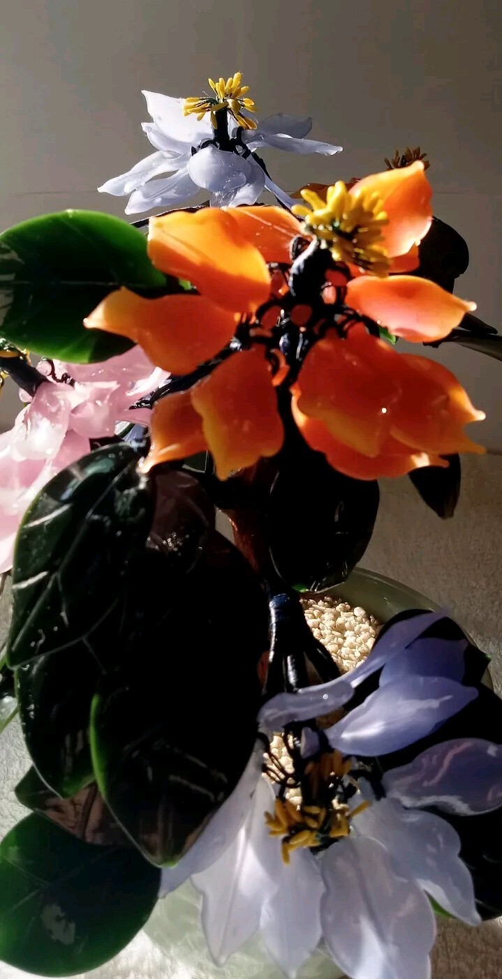 Vintage Jade Glass Flower Arrangement In Vase