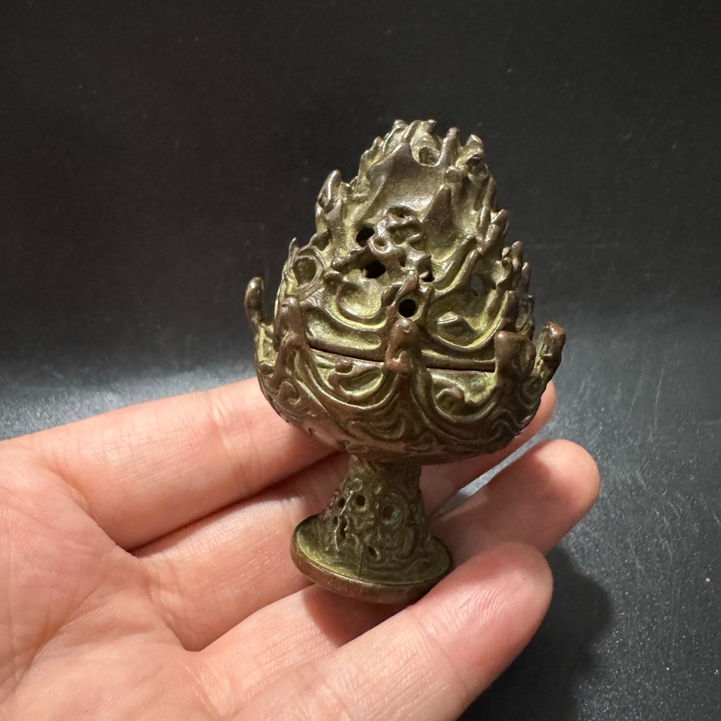 Patinated Bronze Mini Boshan Incense Burner Chinese Antique Hollow Censer Orname