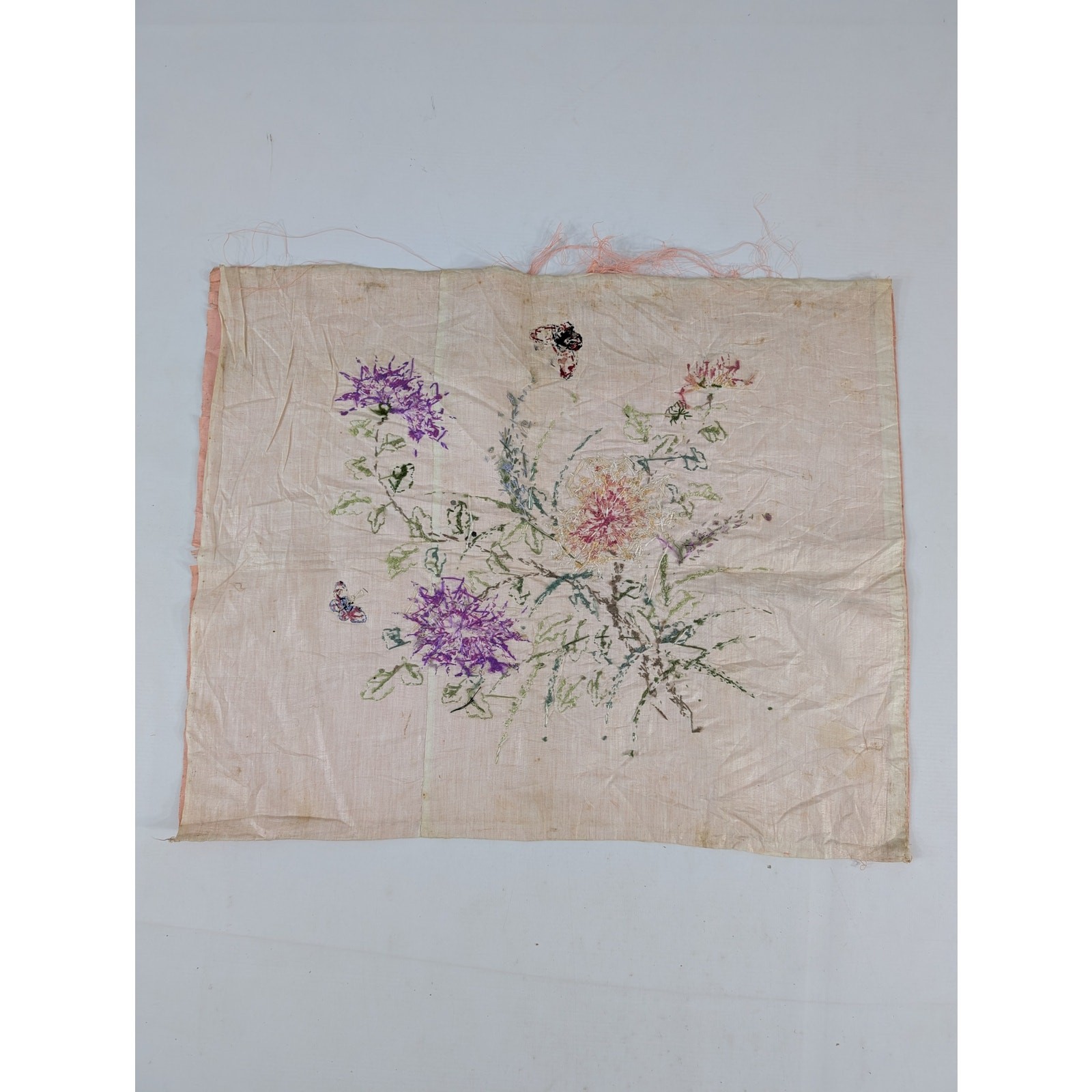 Vintage Chinese Hand Embroidered Floral & Butterfly Silk Textile 23x18in