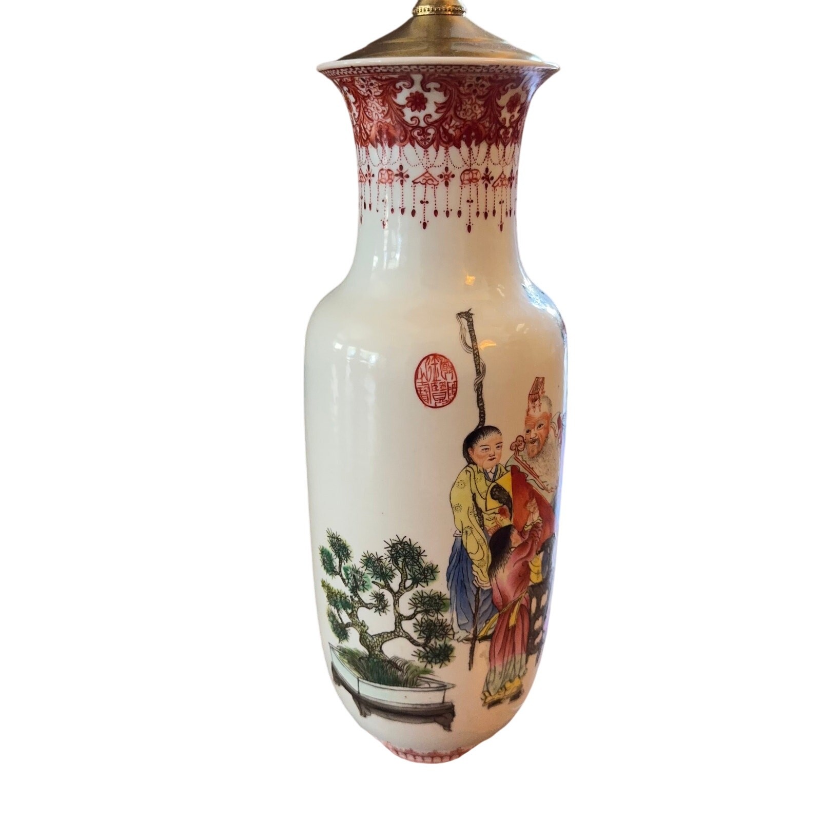 Vintage Chinese Porcelain Vase Lamp Shou Xing 28” Famille Rose Characters