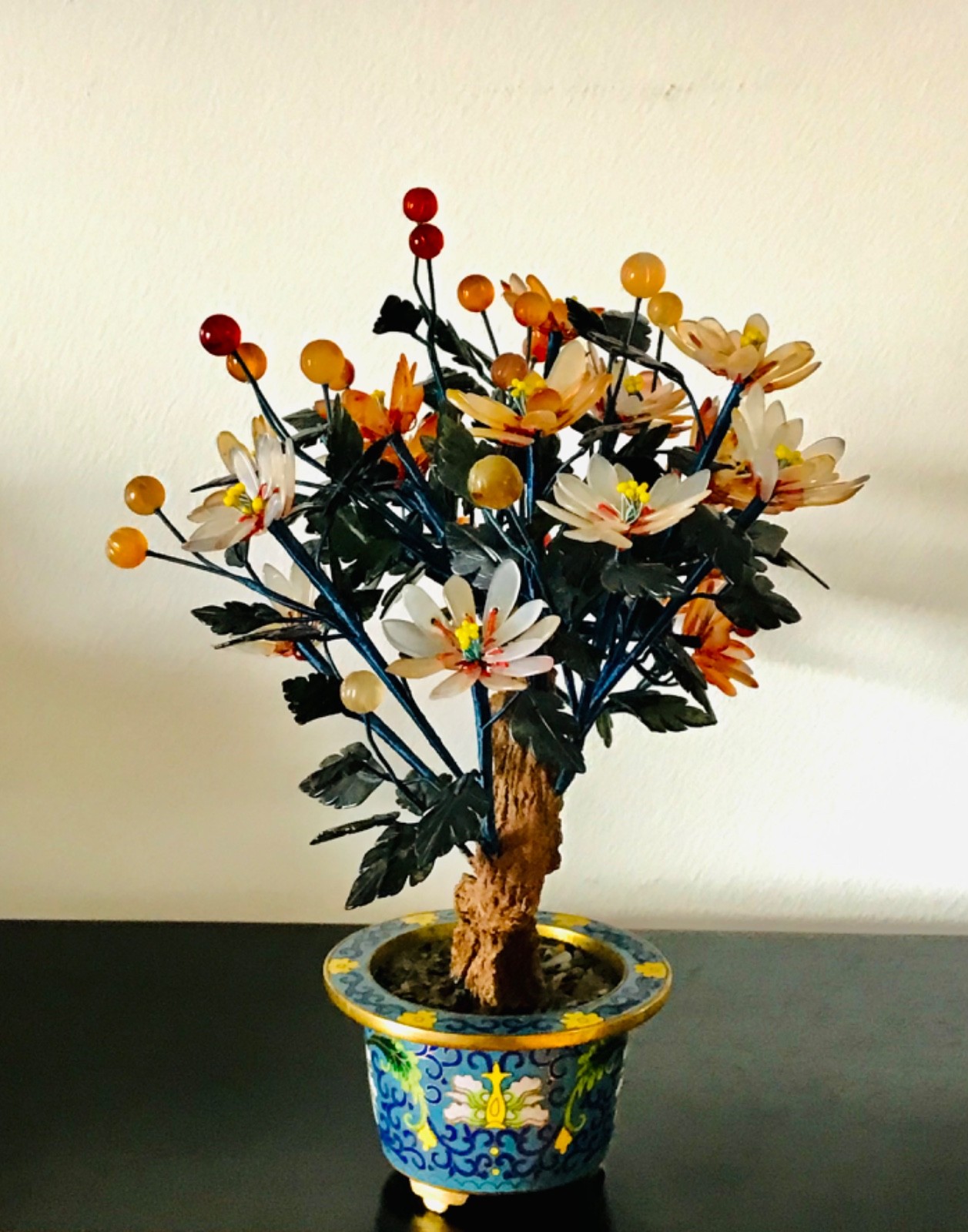 Chinese Jade Bonsai Tree in Cloisonne Pot – 15″ Inches Wide