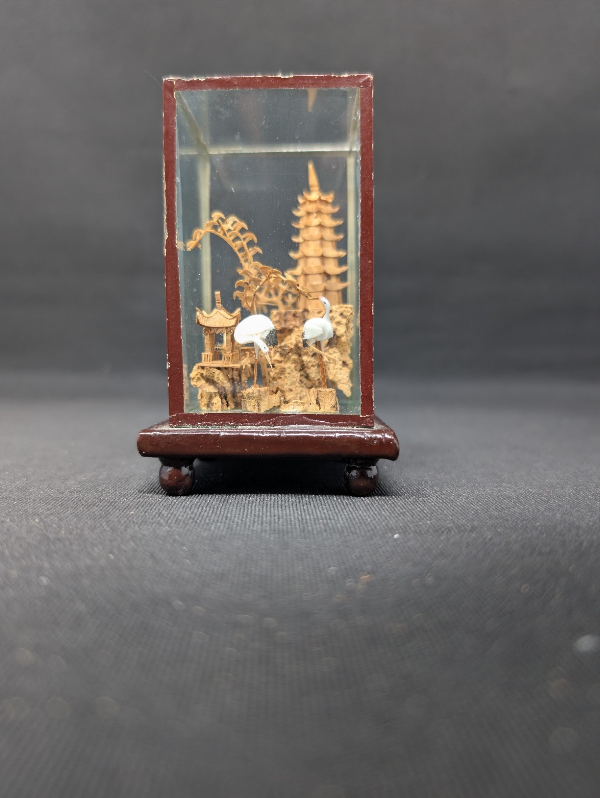 DIMINUITIVE DIORAMA! 3¾” Chinese Cork Carving VINTAGE Cranes & Village FRAMED