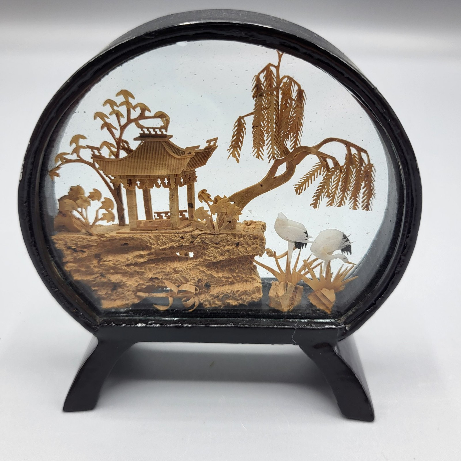 Vintage Chinese Landscape Cork Diorama Glass Dome Black Stand SMALL 3.5″ x 3.25″