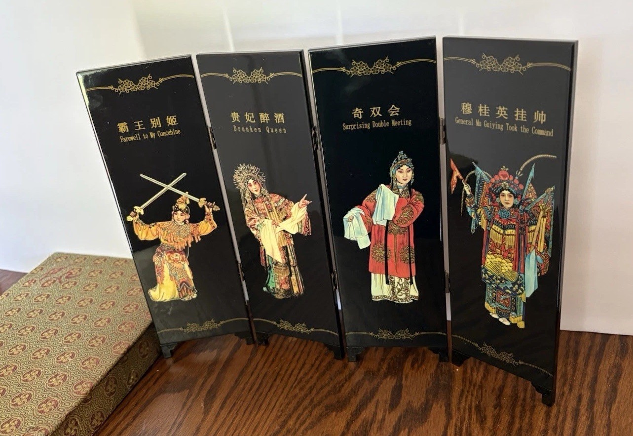 Vintage Black Lacquer Chinese Table Screen Opera Master Mei Ianfang 4 Panel