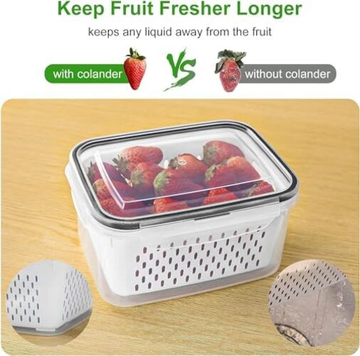 Fruit Storage Containers for Fridge with Removable Colander, Small 4 clear