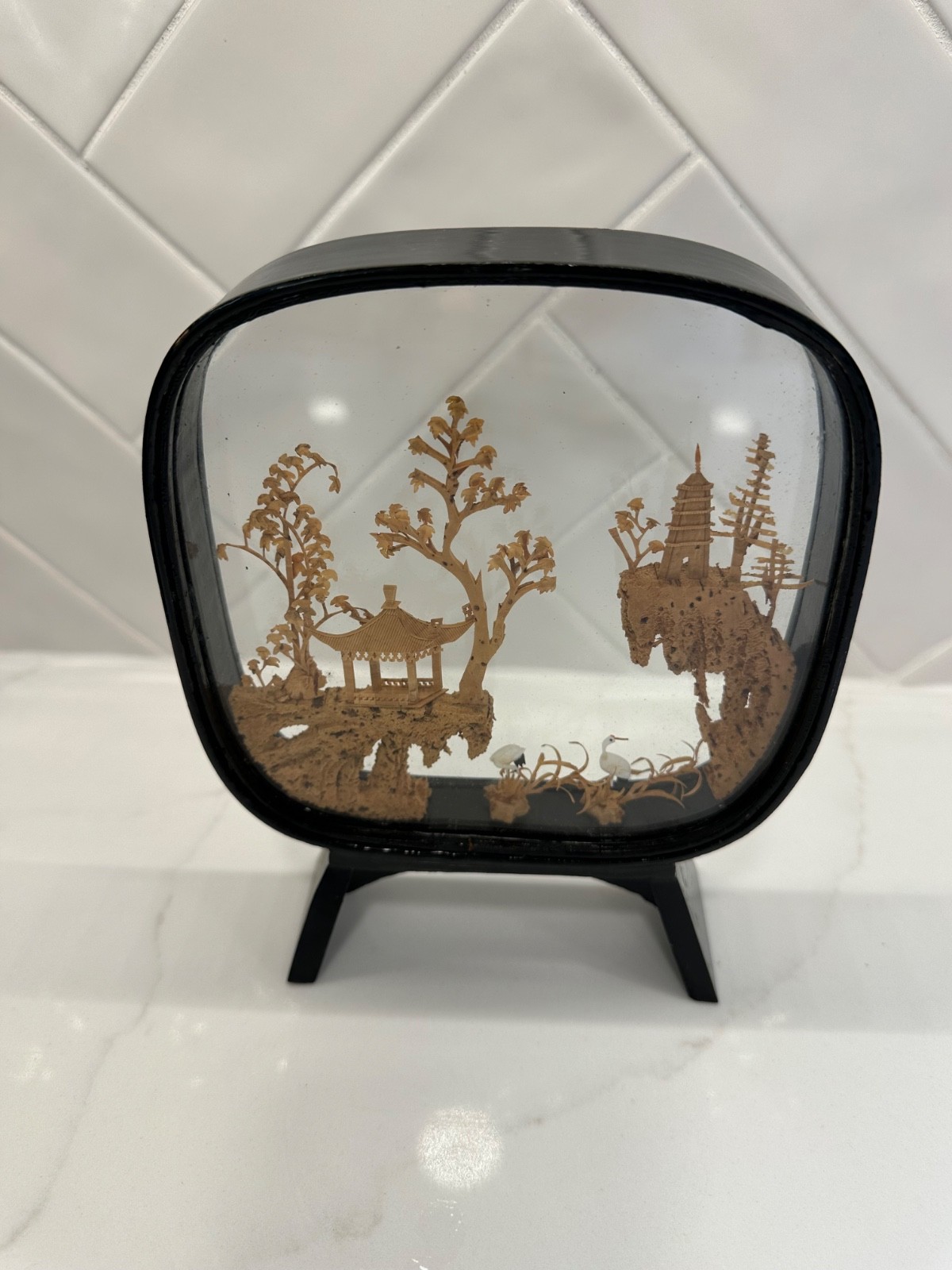 Vintage Chinese Carved Cork Diorama Art Black Lacquer Wood Glass Case Pagoda