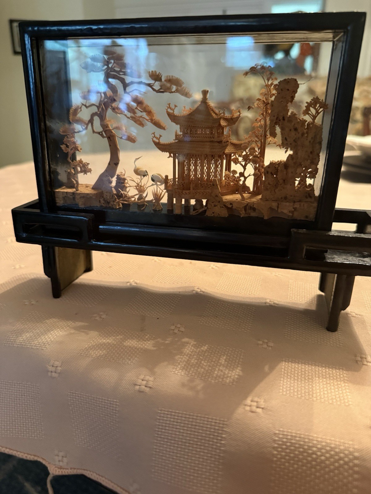 Vintage Chinese San You Cork Art Hand Carved Diorama Pagoda Cranes Trees