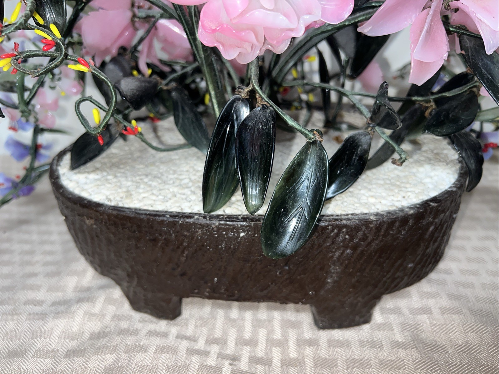 Vtg Jade Bonsai Flower Tree Pot Green Pink Quartz Glass Plant Large China