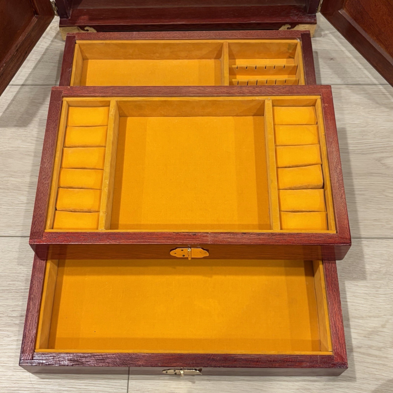 Large Chinese Rosewood & Brass 3 Drawer Flip Top Jewelry Box Longevity Symbol