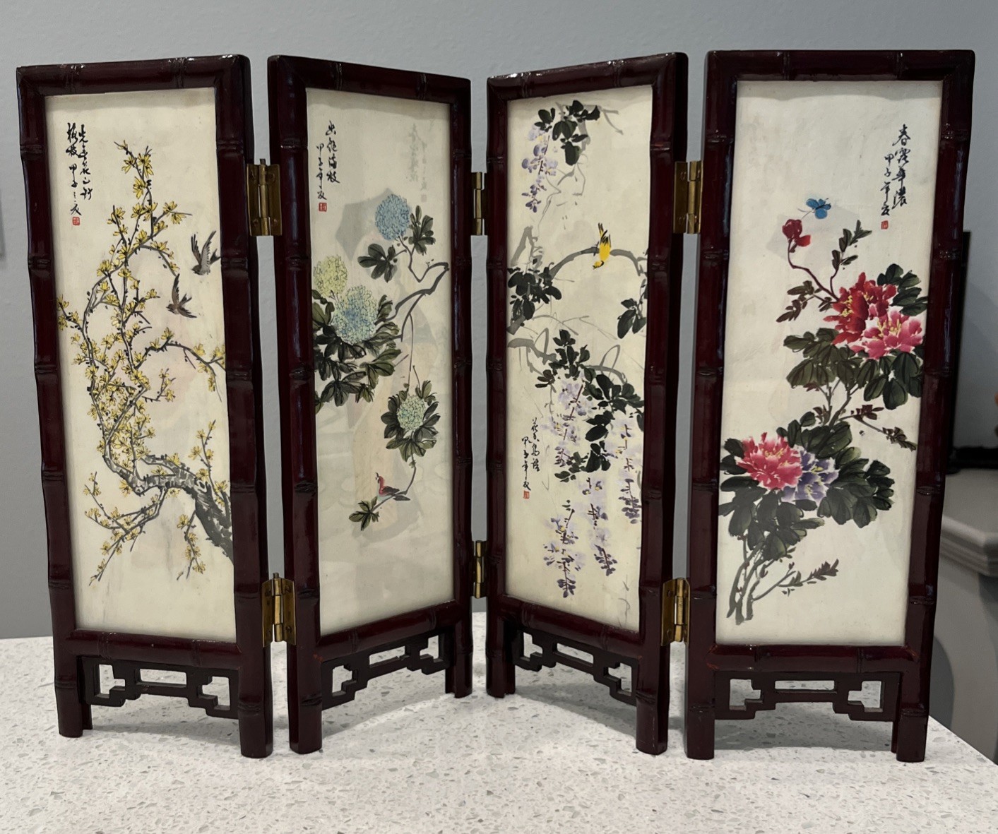 Chinese Table Top 4 Panel Folding Screen Decor Mini screens- Women /Flowers