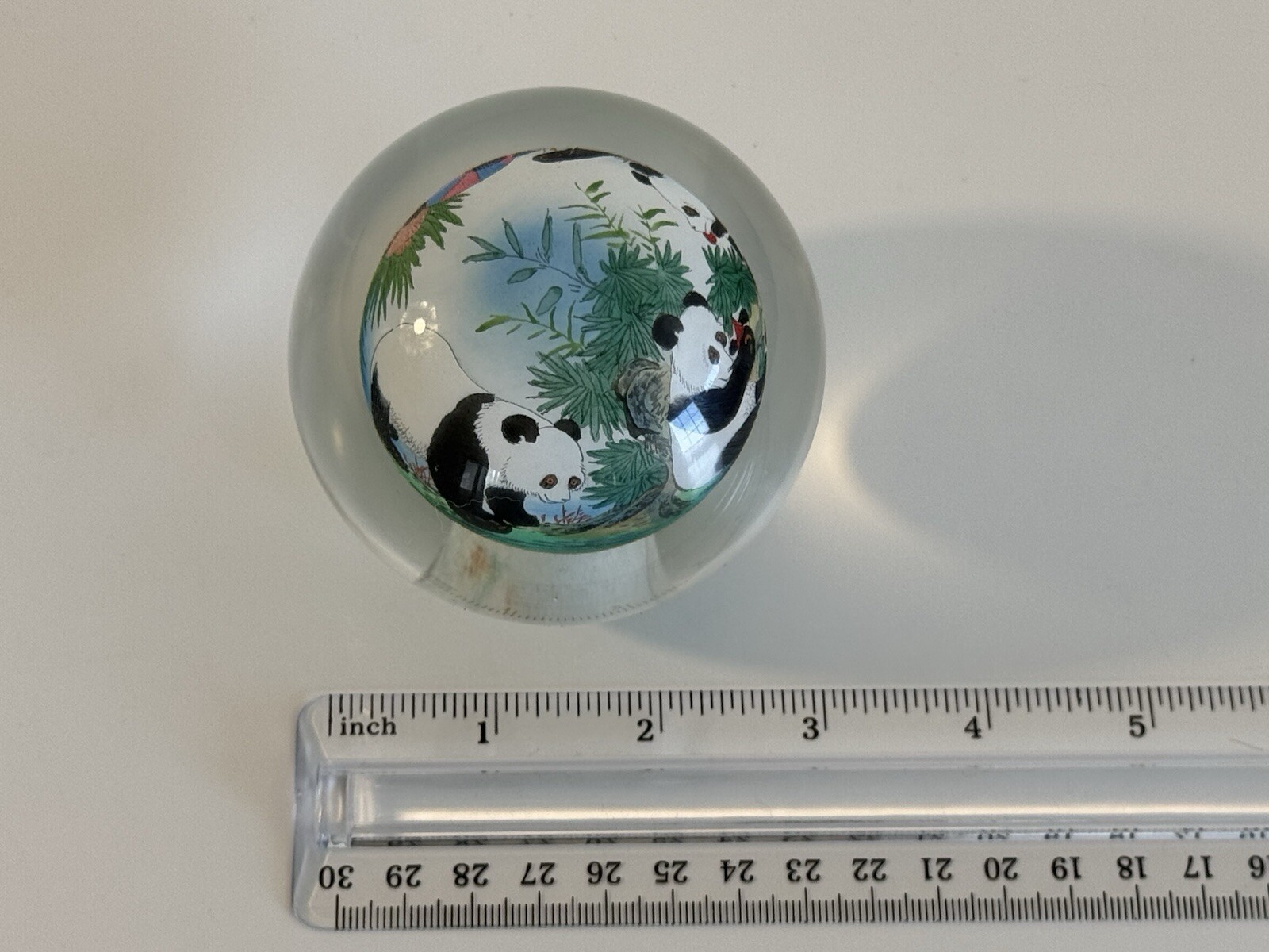 Chinese Glass Ball Sphere Paperweight Reverse Hand Painted Pandas