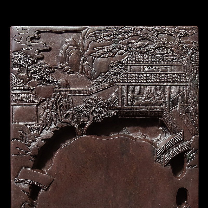 8″China Natural Original Stone Hand-carved House Figure Scenery Inkstone Inkslab