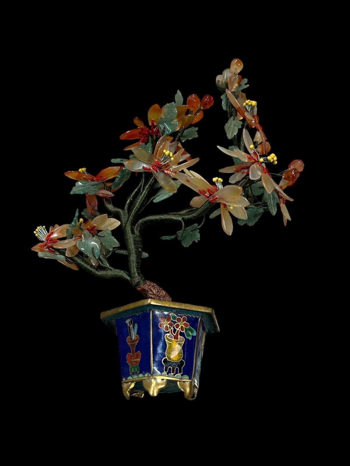 Chinese Gemstone Tree Quartz Bonsai Cloisonné Pot 7.5 Vintage Jedire Quartz Pot
