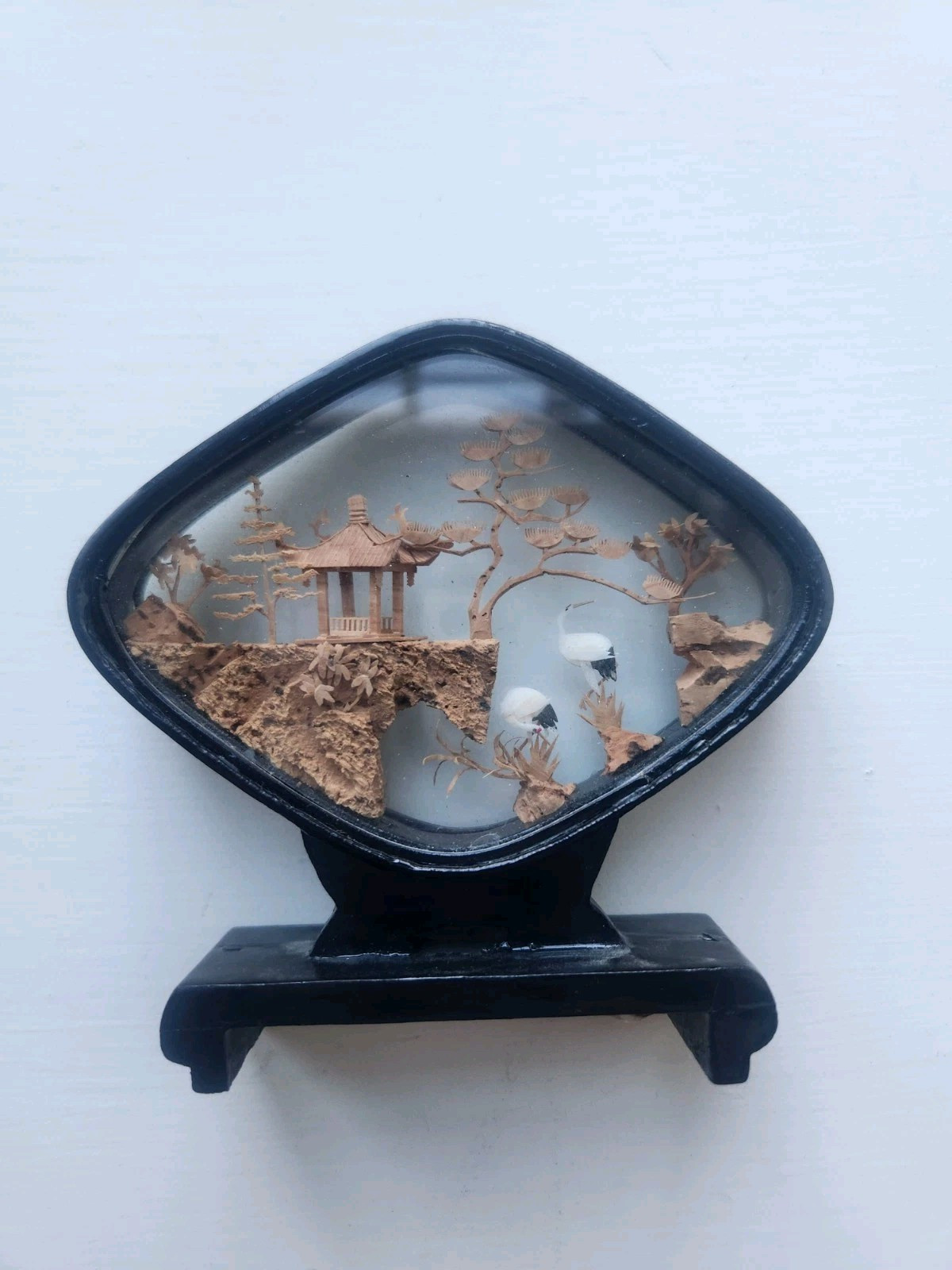 Vintage 3-D Chinese Hand Carved Cork Glass Enclosed Diorama Art Sculpture Cranes