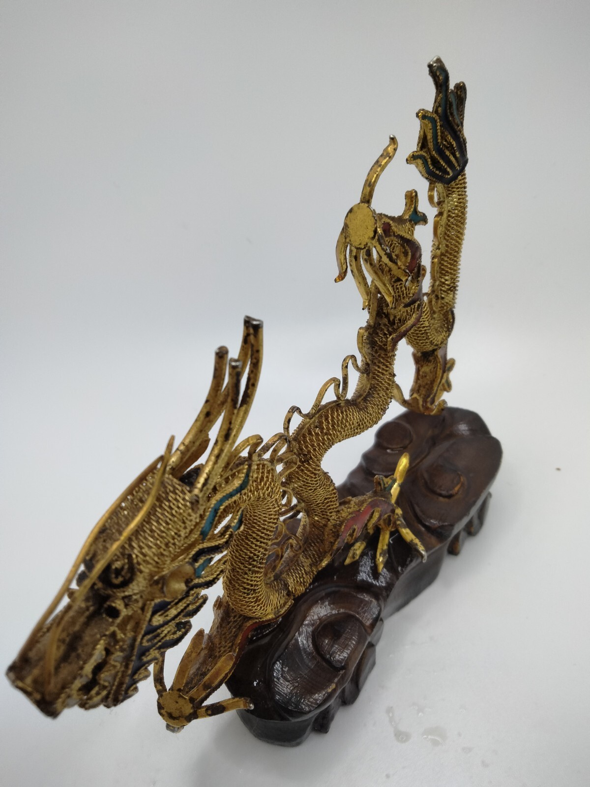 Chinese Brass Figurine Dragon on Wooden Stand 4.5″ x 4.5″ Green, Red, and Gold