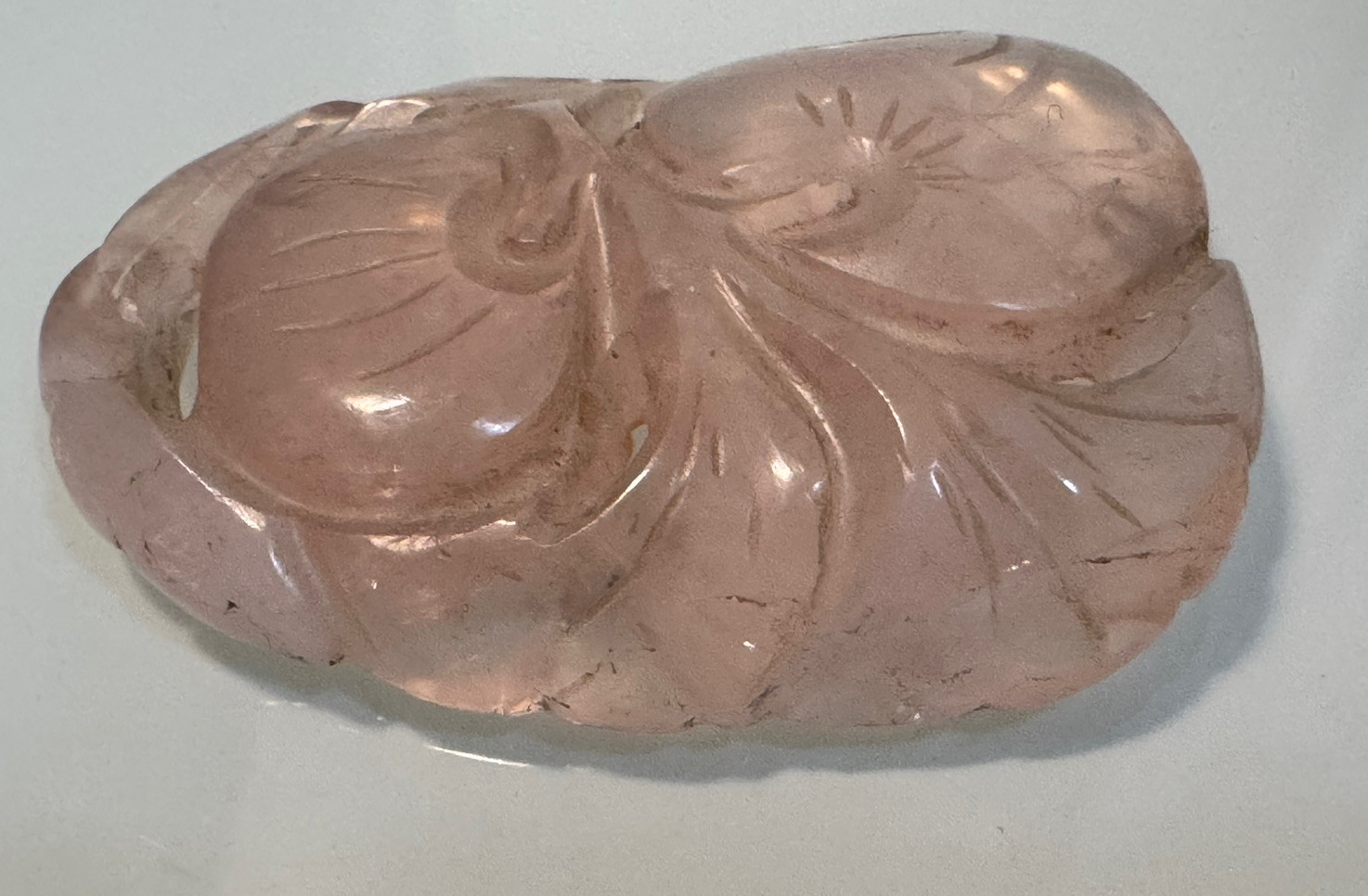 Vintage Hand Carved Top Grade Rose Quartz Chinese Themed Fruits & Leaves Pendant