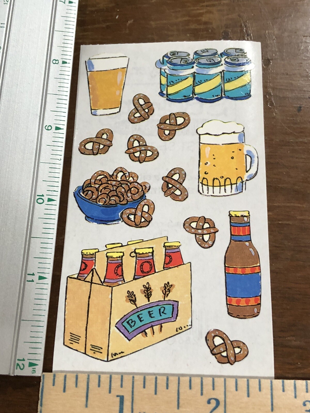1 Frances Meyer Six Pack Stickers Beer Can Mug Bottle Pretzels Snacks Salty