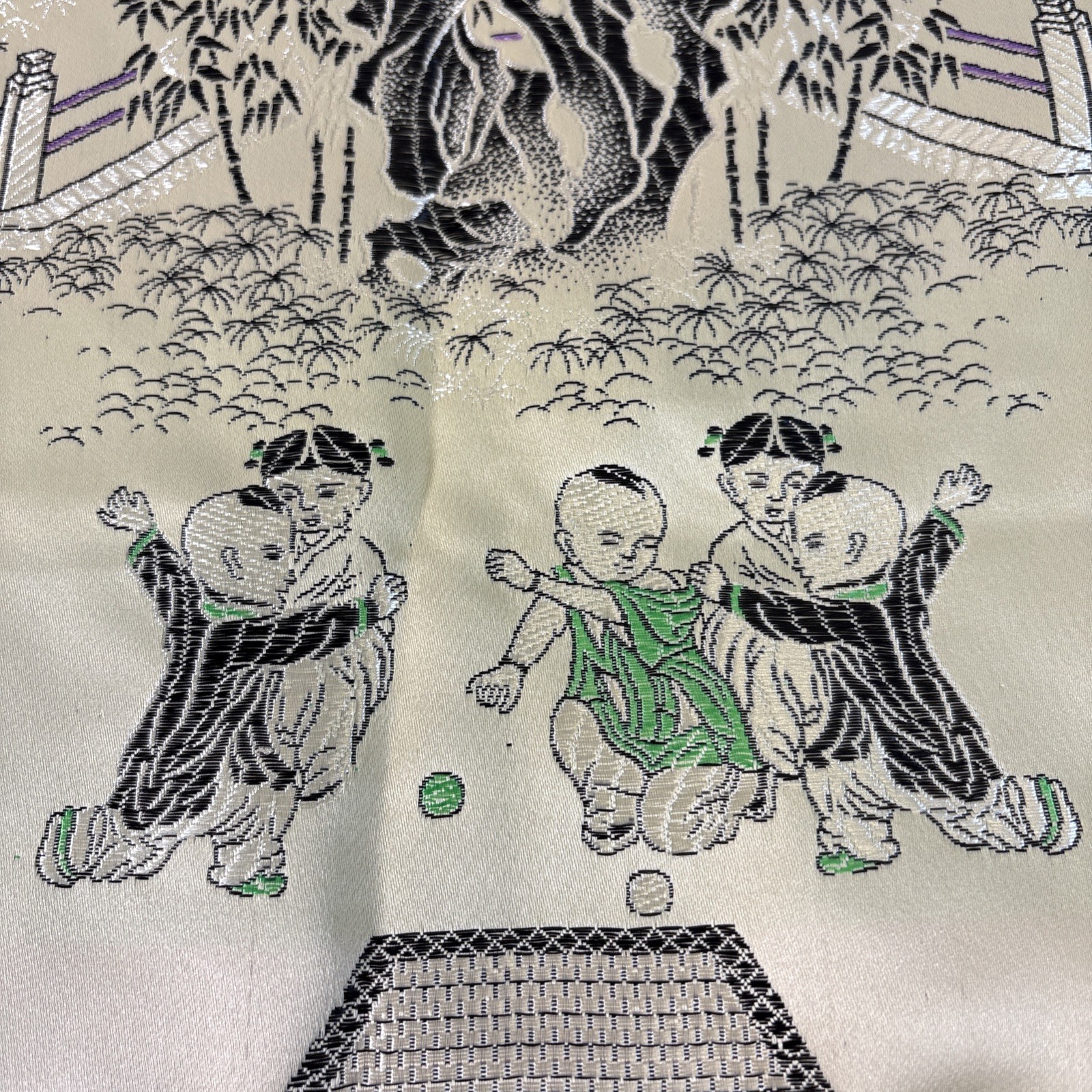 Vtg Brocaded Flowers Chinese Silk Scenic Square Tapestry Table Cloth 46″ X 48″