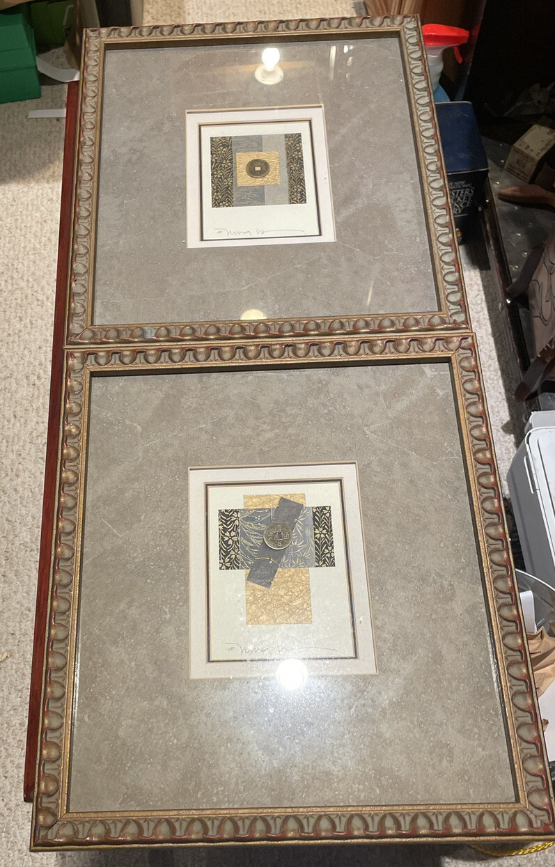 2 Chinese coin round w/square hole custom framed 16.5″ x 14.5″ matted,signed art