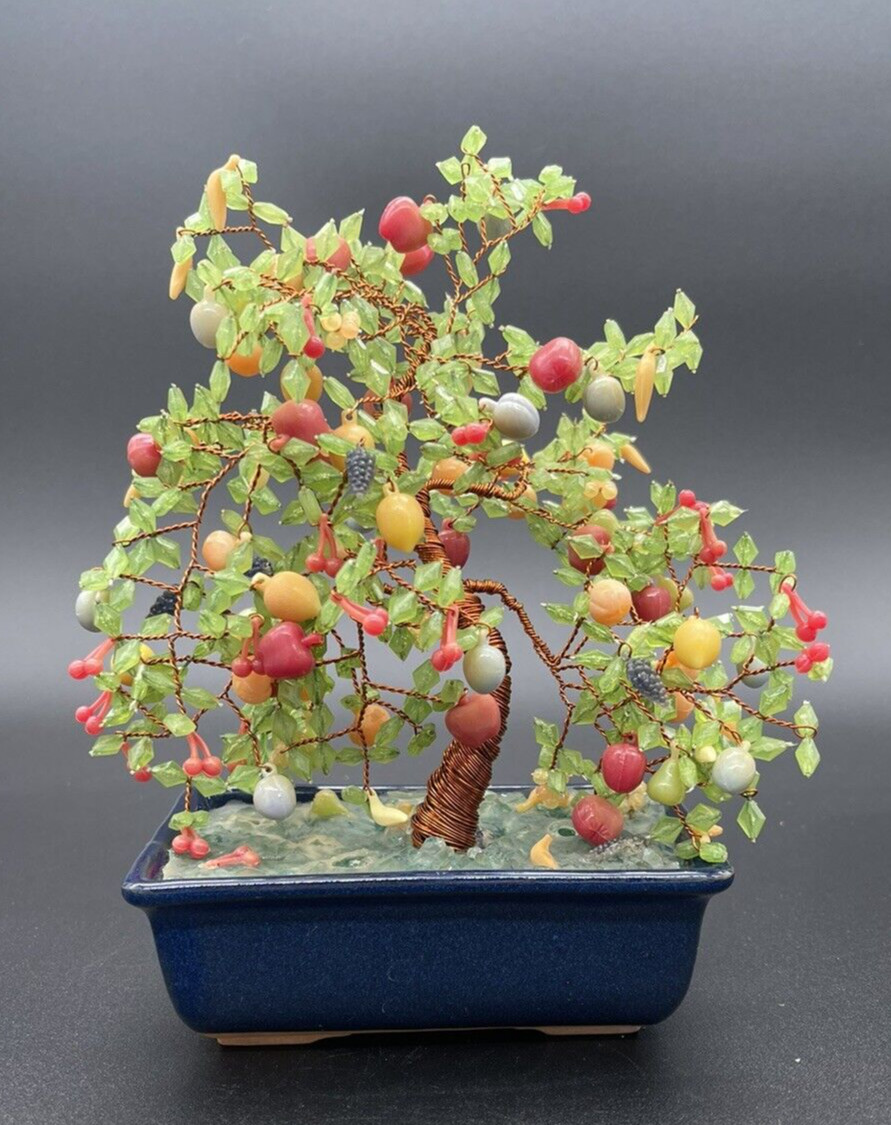 VTG Japanese Glass (? Acrylic) Fruit Bonsai Tree Copper Wire Apple Banana Cherry