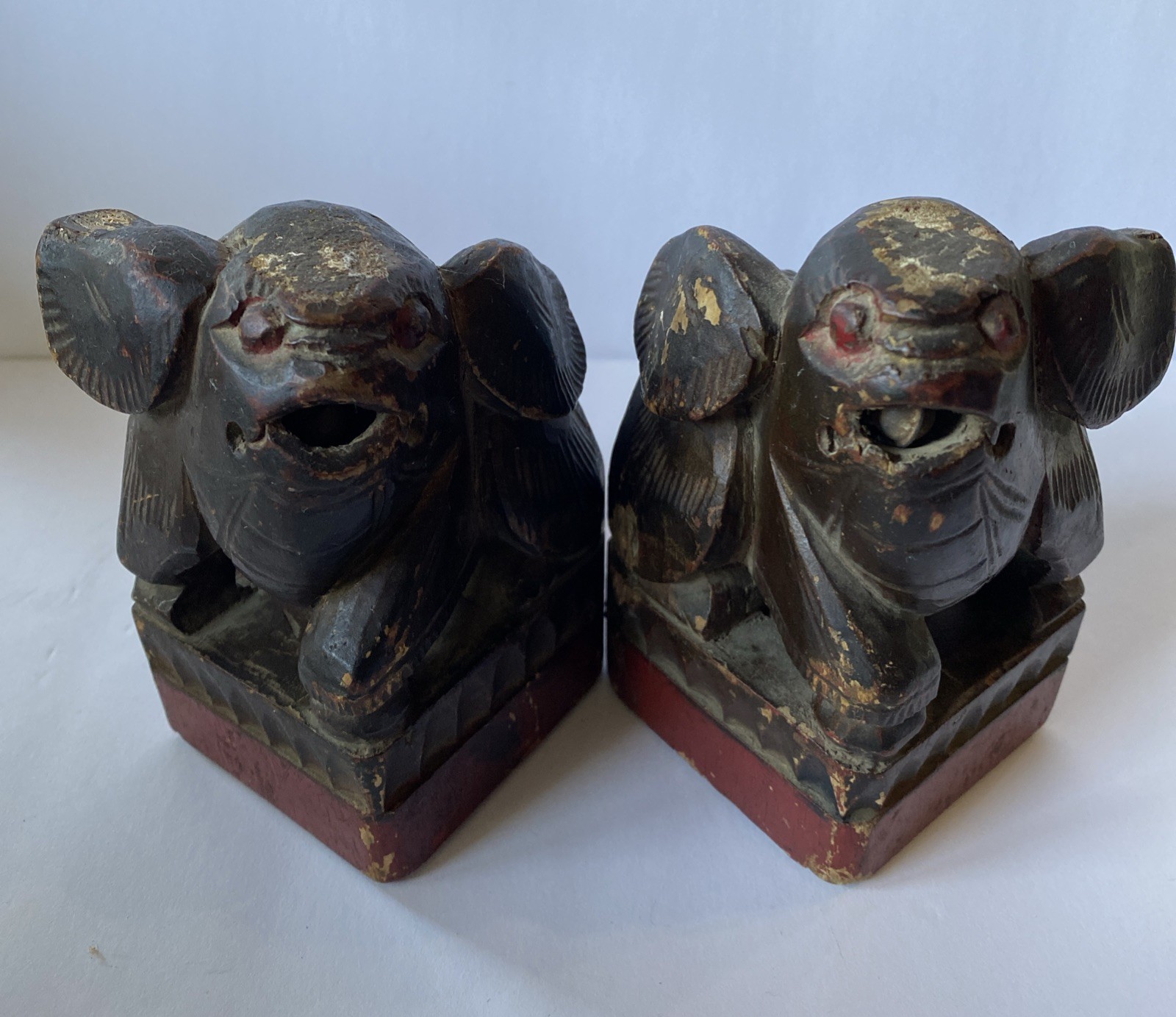Pair Antique Chinese Hand Carved Wood Foo Dog Creature Statue Rattle