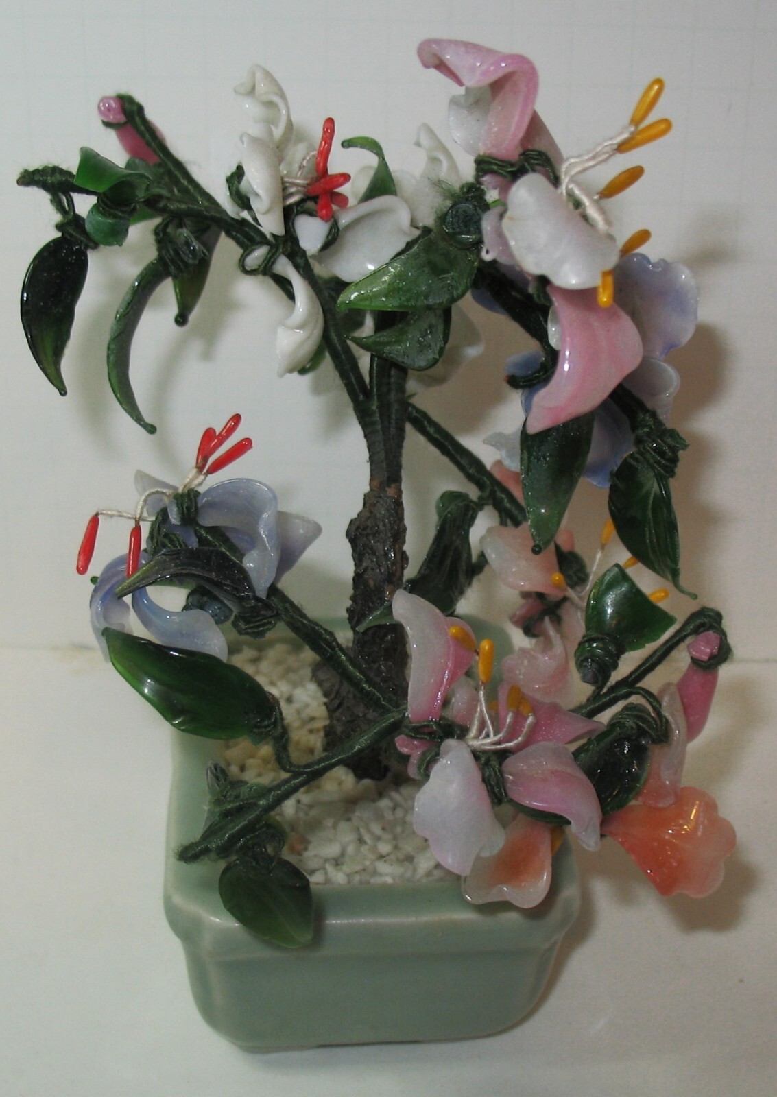 Victorian Era Chinese Jade Flowered Bonsai Tree in Celedon Planter