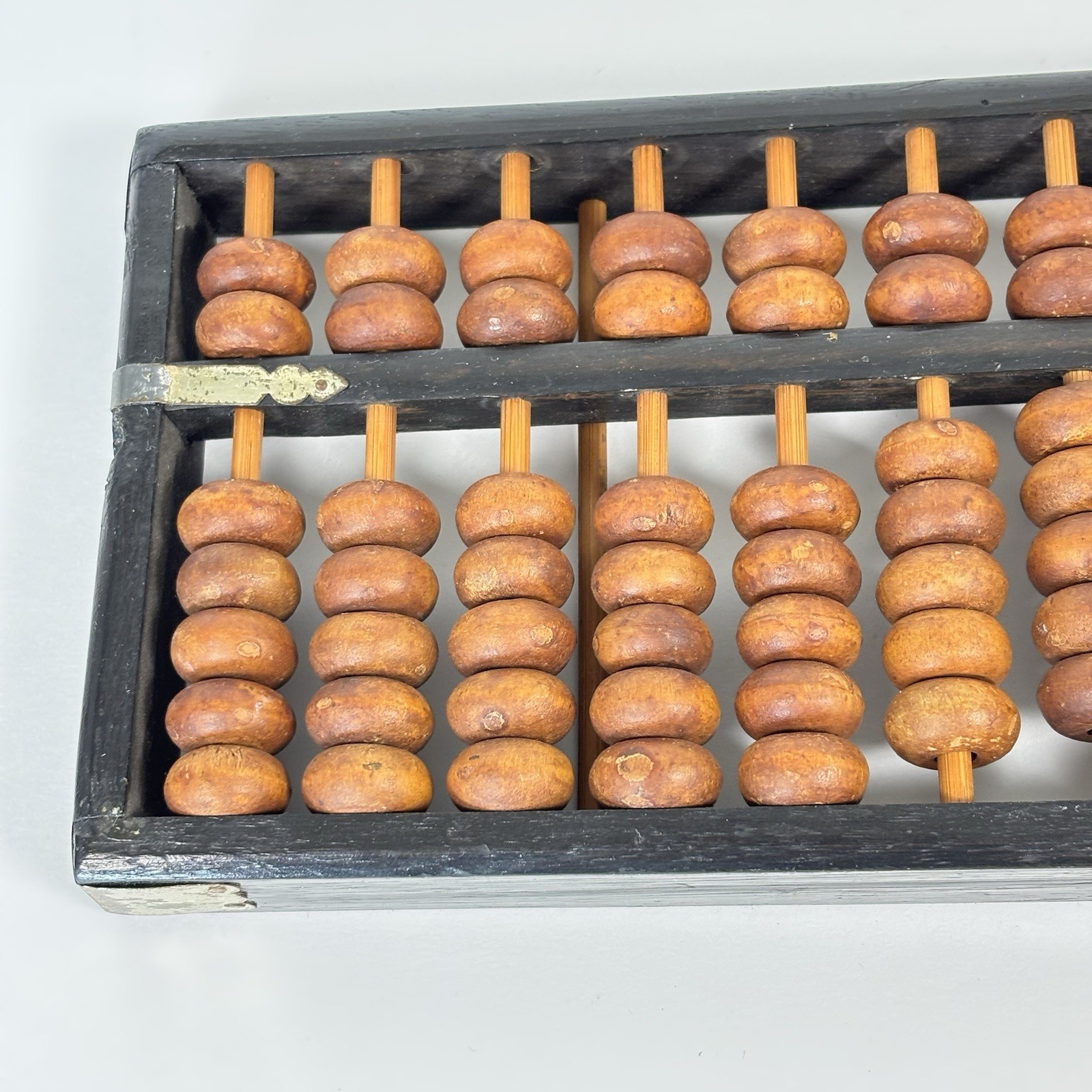 Vintage Wood Abacus 11 Rods 77 Wooden Beads Brass Corners Asian Calculator