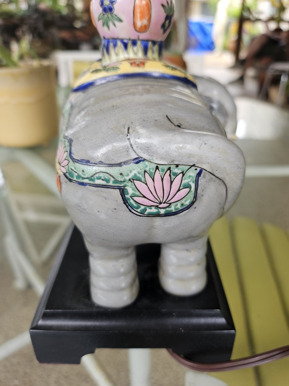 Vintage CHINESE ENAMELED PORCELAIN ELEPHANT WITH A ZUN VASE Turned Lamp