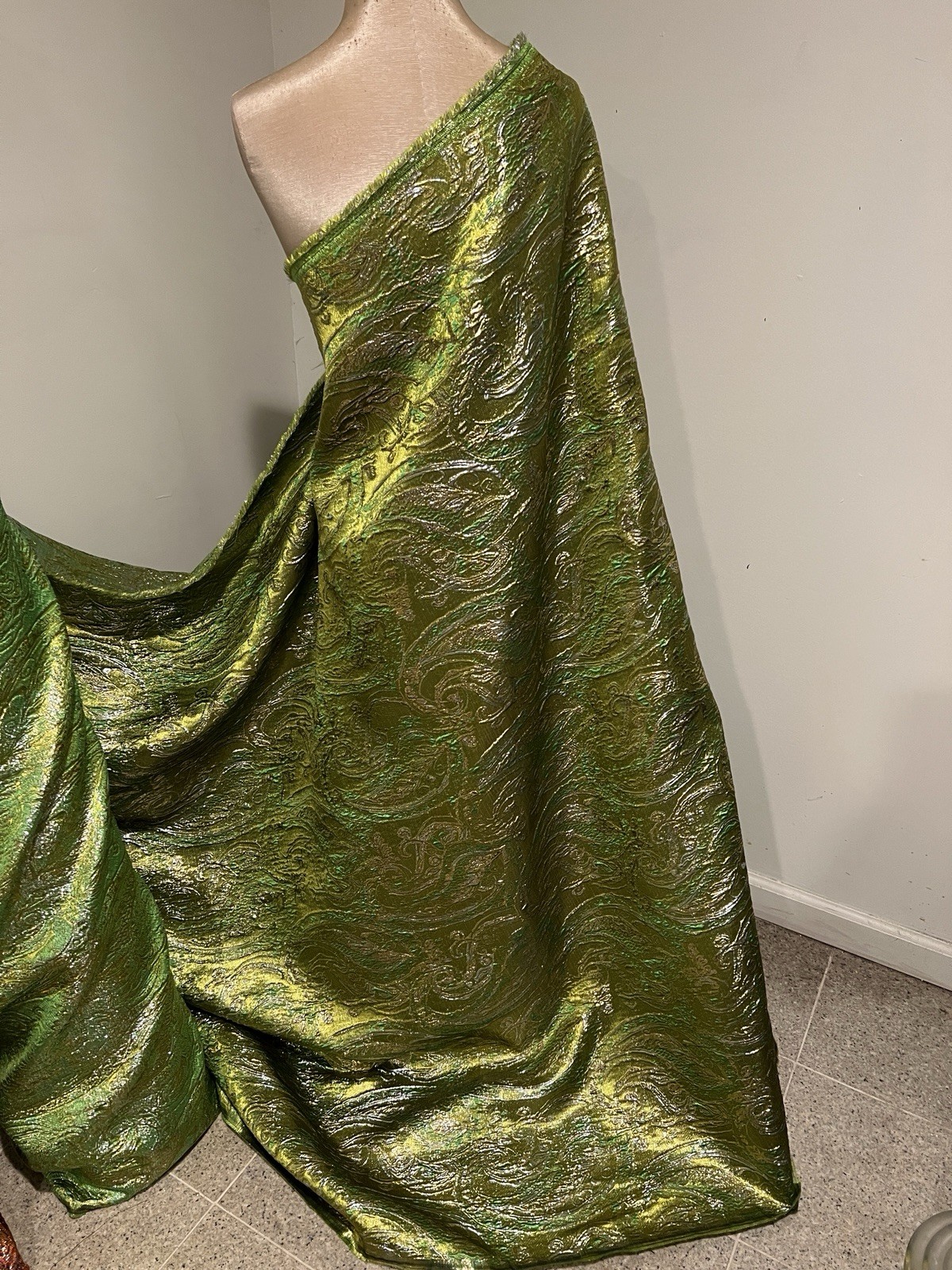 Green Gold Silver Paisley Metallic Brocade Fabric 60” Sold By The Yard