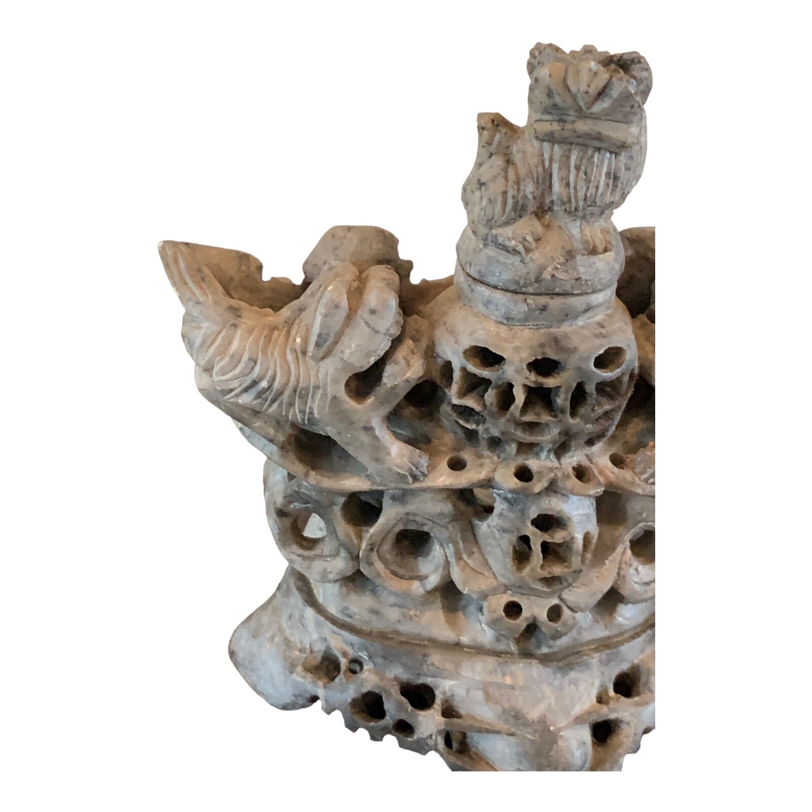 Chinese Hand Carved Soapstone Incense Burner Foo Dogs/Lions Vintage 4” X 4 1/2”