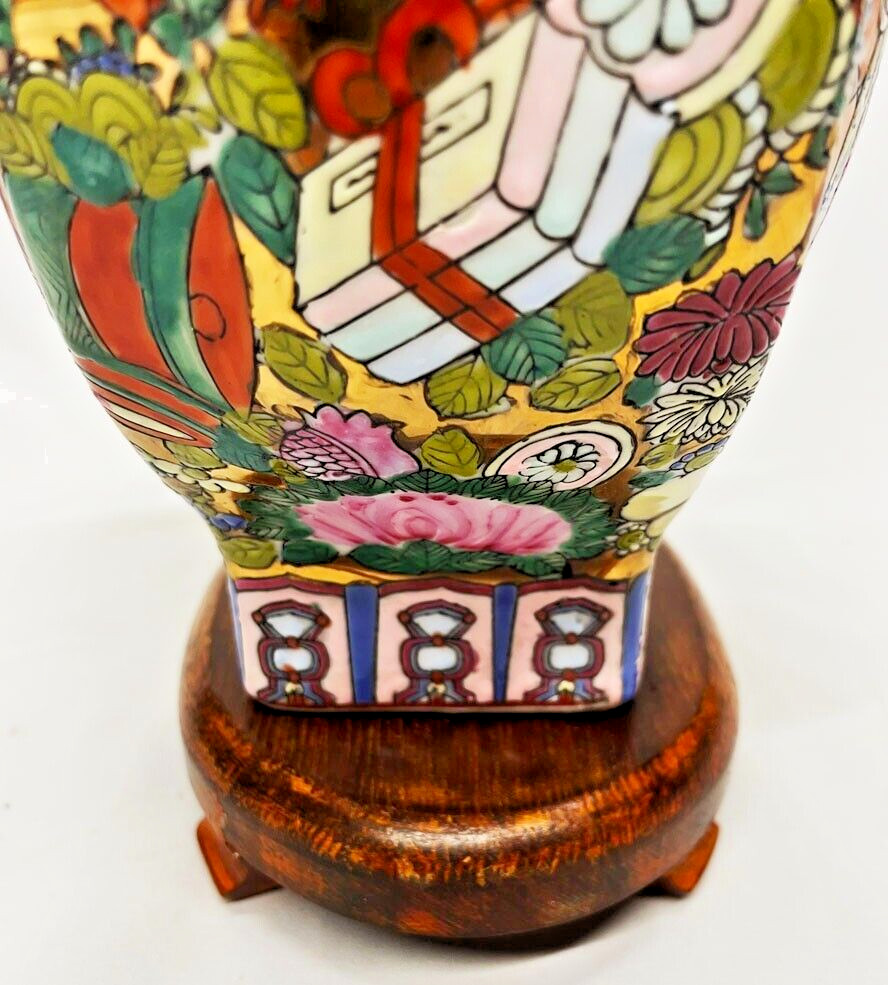 Chinese Rose Mandarin Moon Flask Lamp Double Handle Gold Painted Elephant Heads
