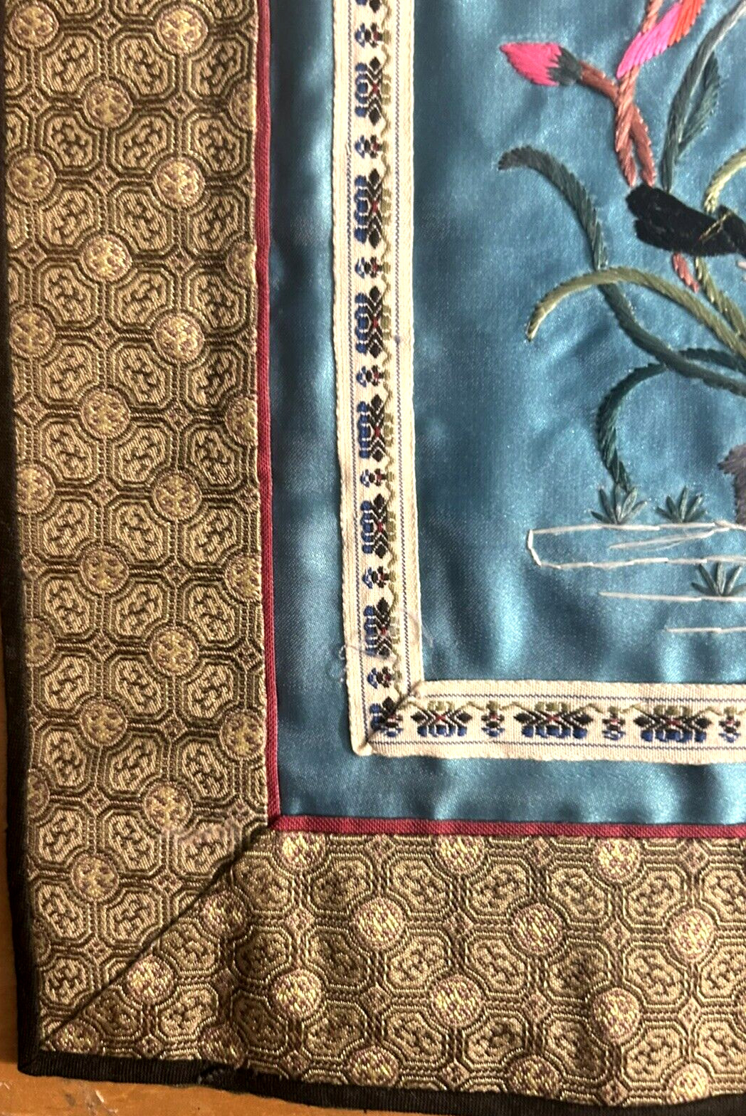 Chinese Silk Hand Embroidered Birds & Flowers Panel 11″ x 11″