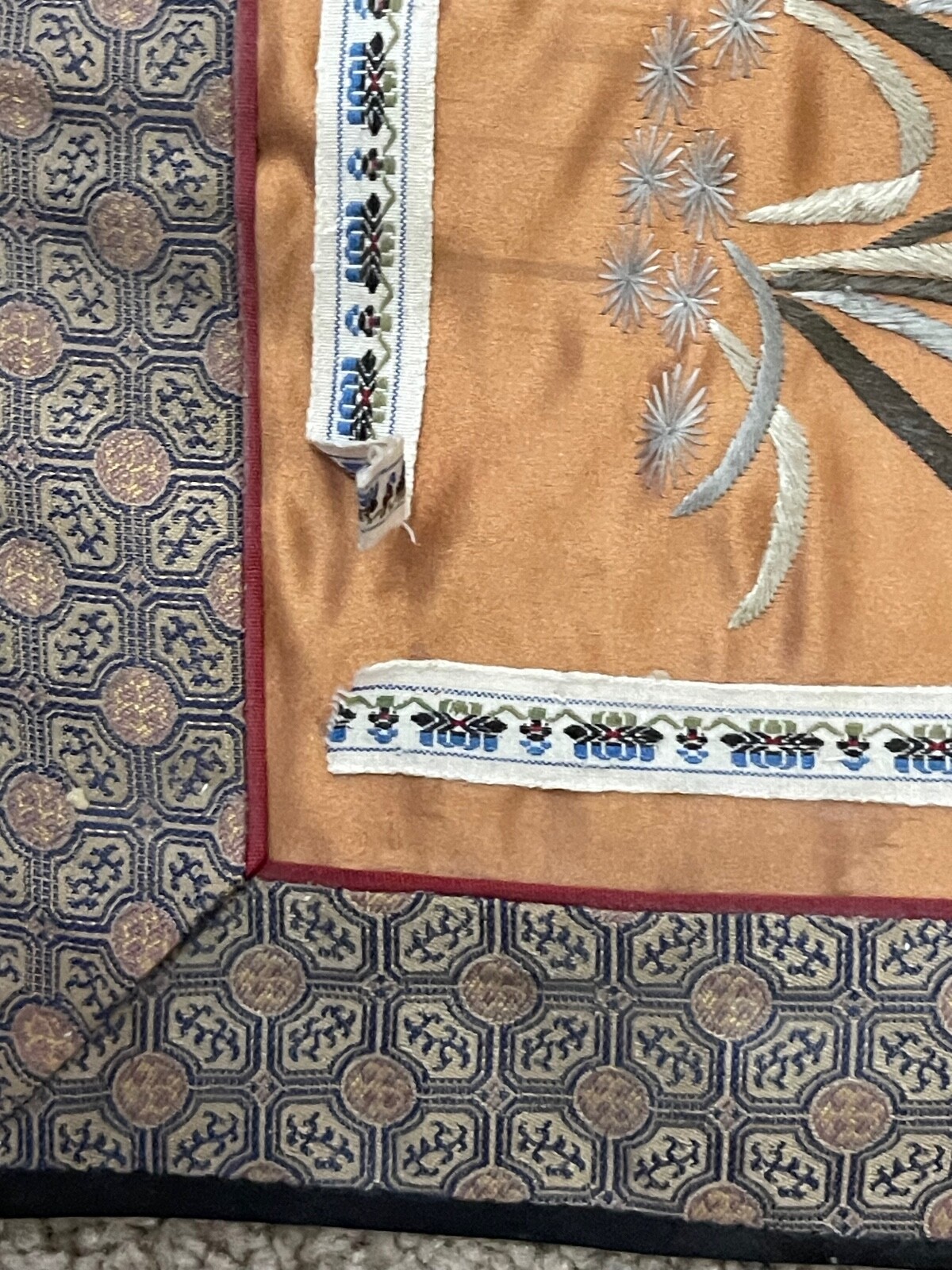 Vintage Antique Chinese Silk Embroidered Textile w/ Birds Floral & Butterfly Dec