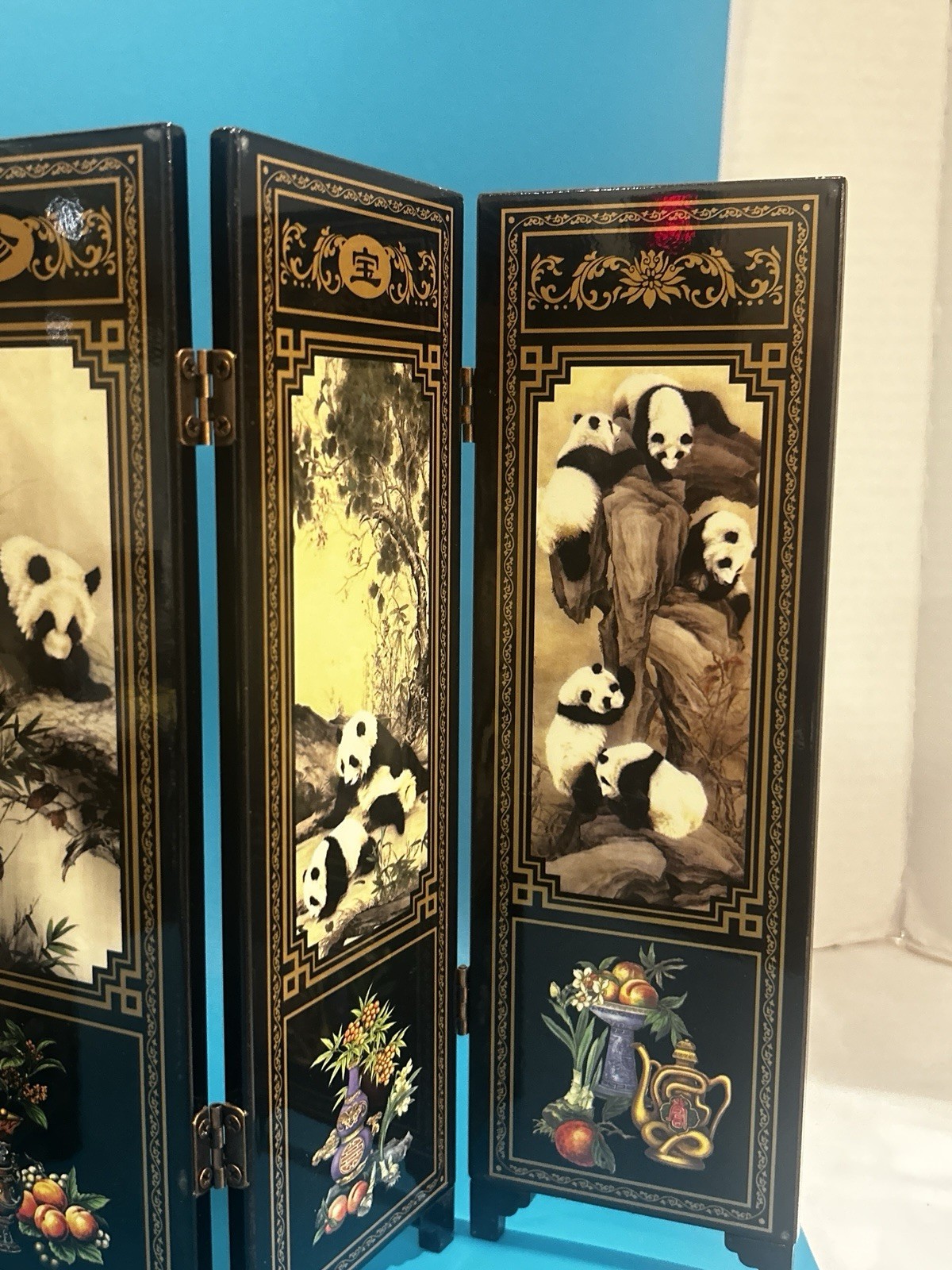 Panda Bear Asian Painted Wood Table Screen Divider 6 Panel 9.5″ *18.5″