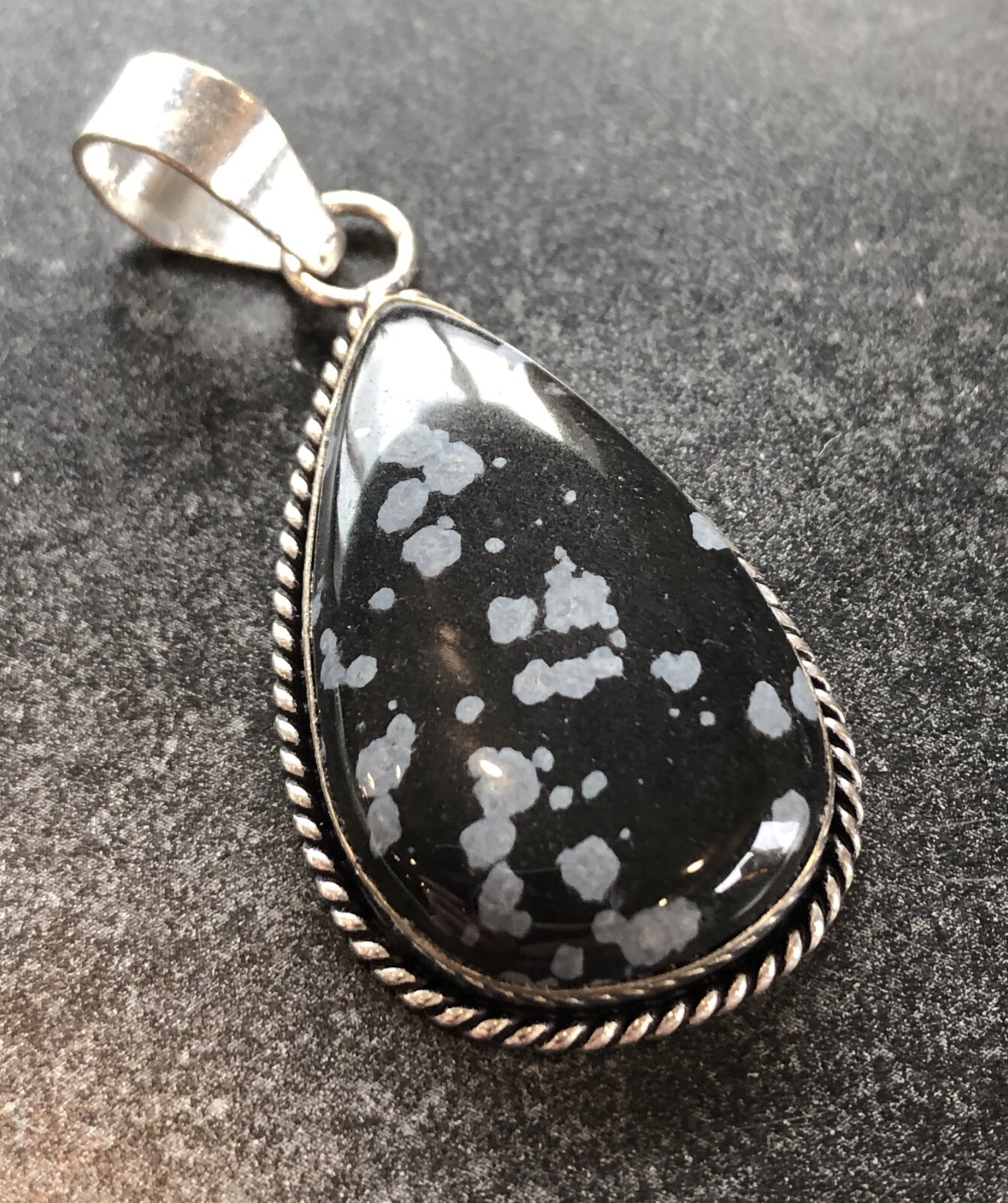 Pendant Snowflake Obsidian Teardrop Silver Tone for Jewelry Making or Crafting