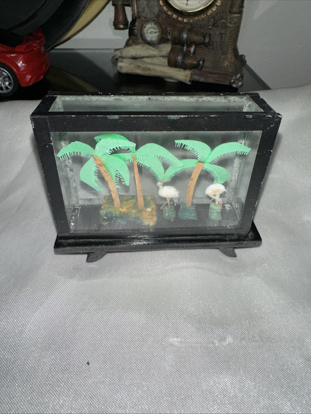 Vintage Chinese Cork Carving Diorama 3D Shadow Box Glass Frame Miniature Cranes