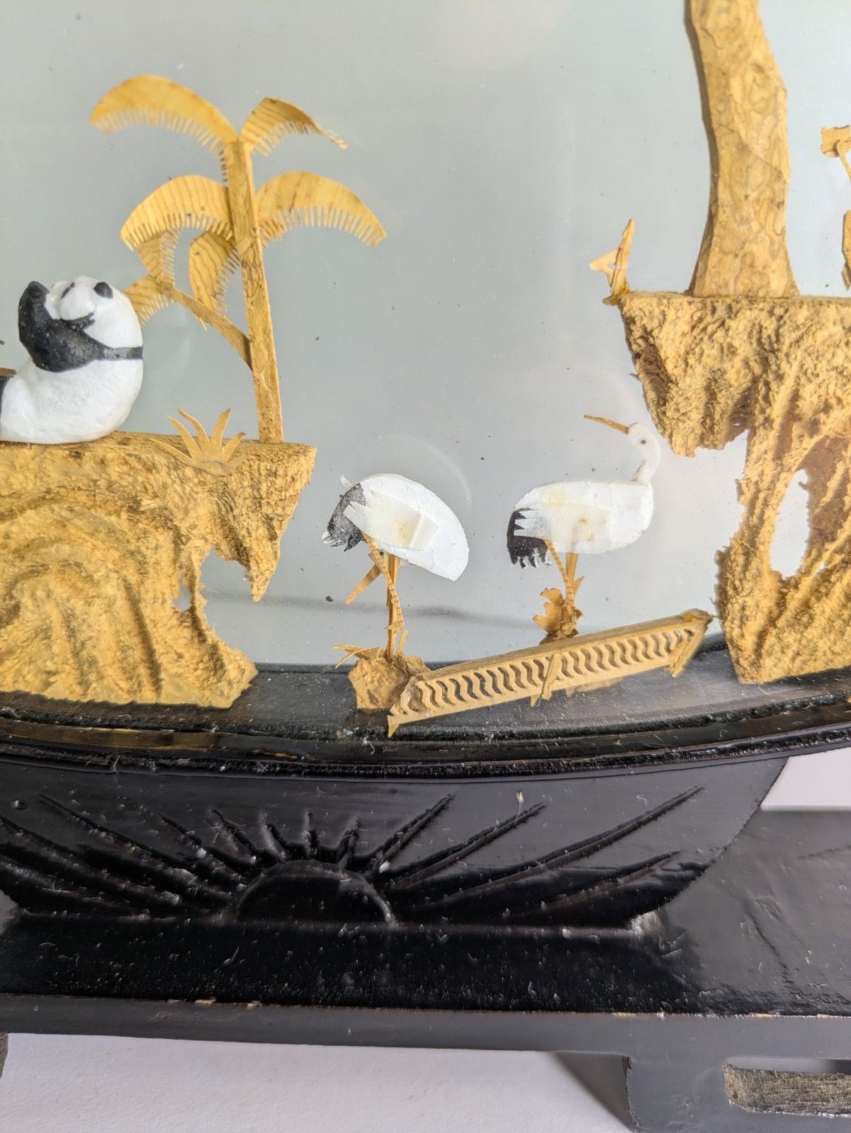 Vintage Chinese Cork Carving Diorama Encased Hand Carved Wood Pagoda Panda Bears