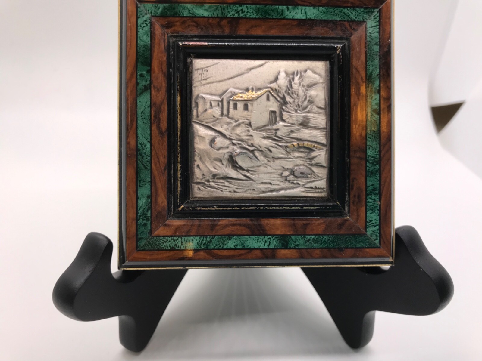 VINTAGE CARVED METAL RELIEF SCENE ITALY black laquer marguetry