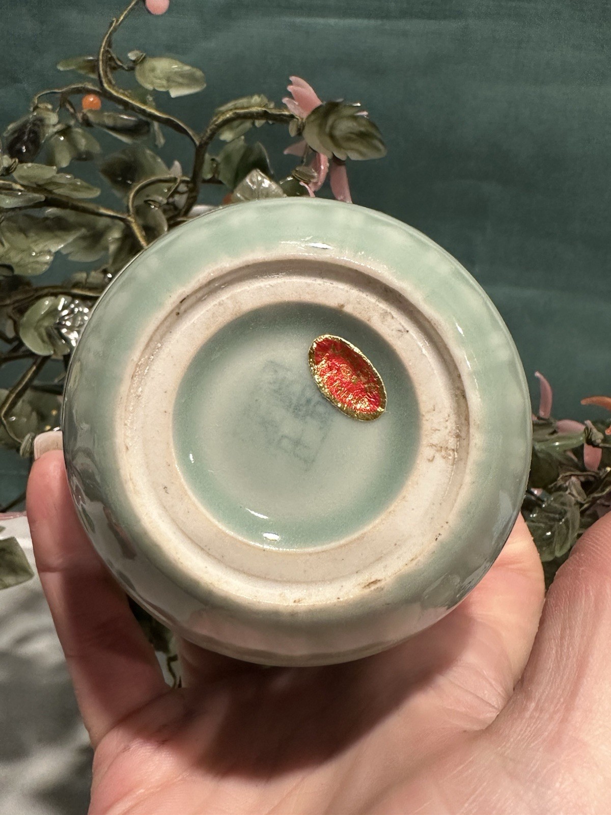 Vintage Chinese Hand Carved Jade Stone Flower Blossom Bonsai Tree Porcelain Pot