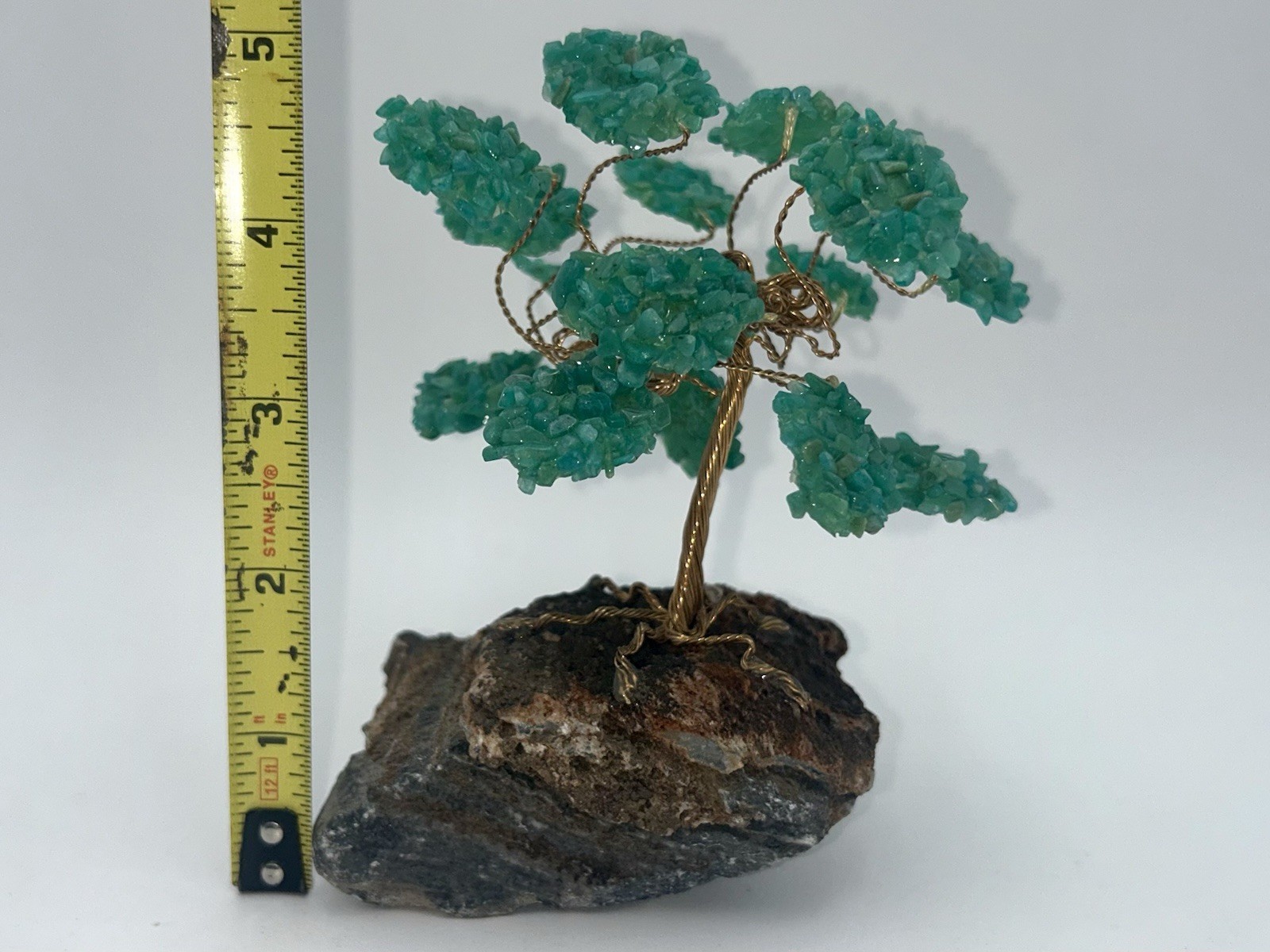 Vintage Crystal Bonsai Tree Sculpture Copper Wire on Natural Stone Base.