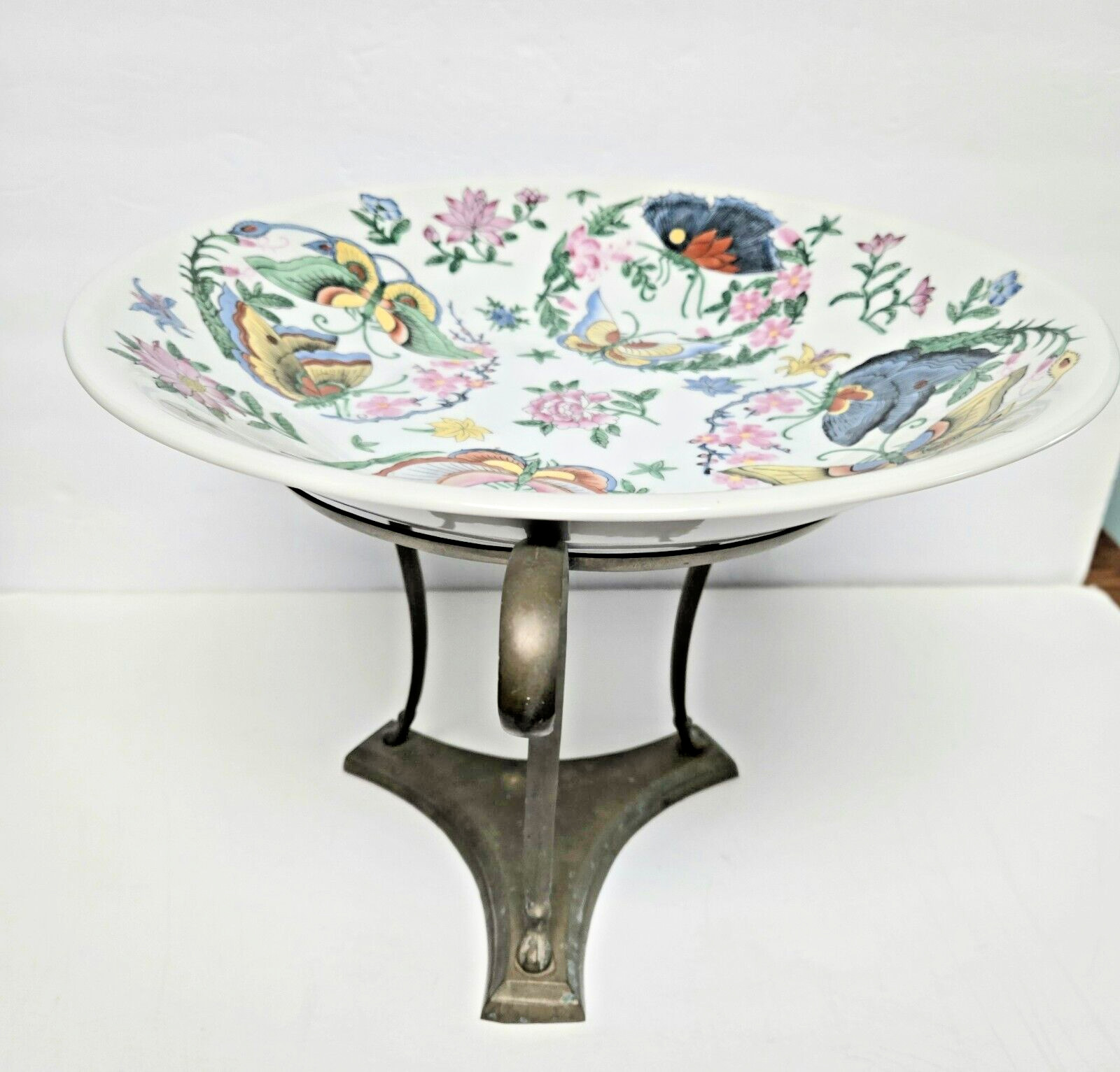 Lg. Chinese Porcelain 14″ Bowl w Brass Stand Hand-Painted Butterflies & Flowers
