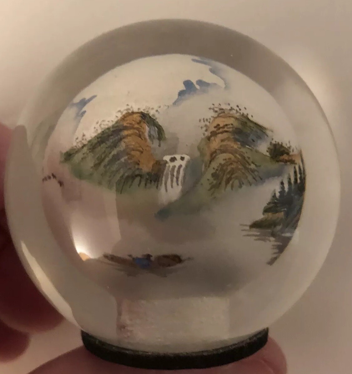 VTG Reverse Painted Glass Ball Sphere Paperweight Oriental Mountain Scene 2”x2”
