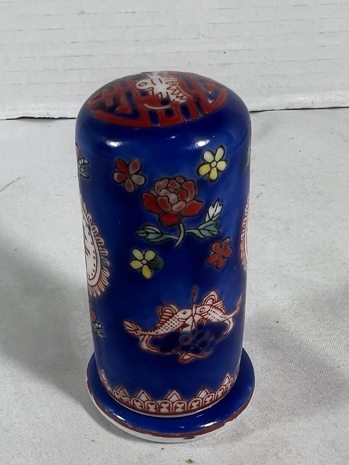 Vintage Chinese Blue & White Porcelain Toothpick Holder – Peonies & Fish – 3.5”