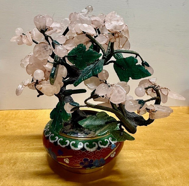 Chinese Quartz & Jade Flower Tree in Cloisonne Pot Vintage Bonzai for good luck