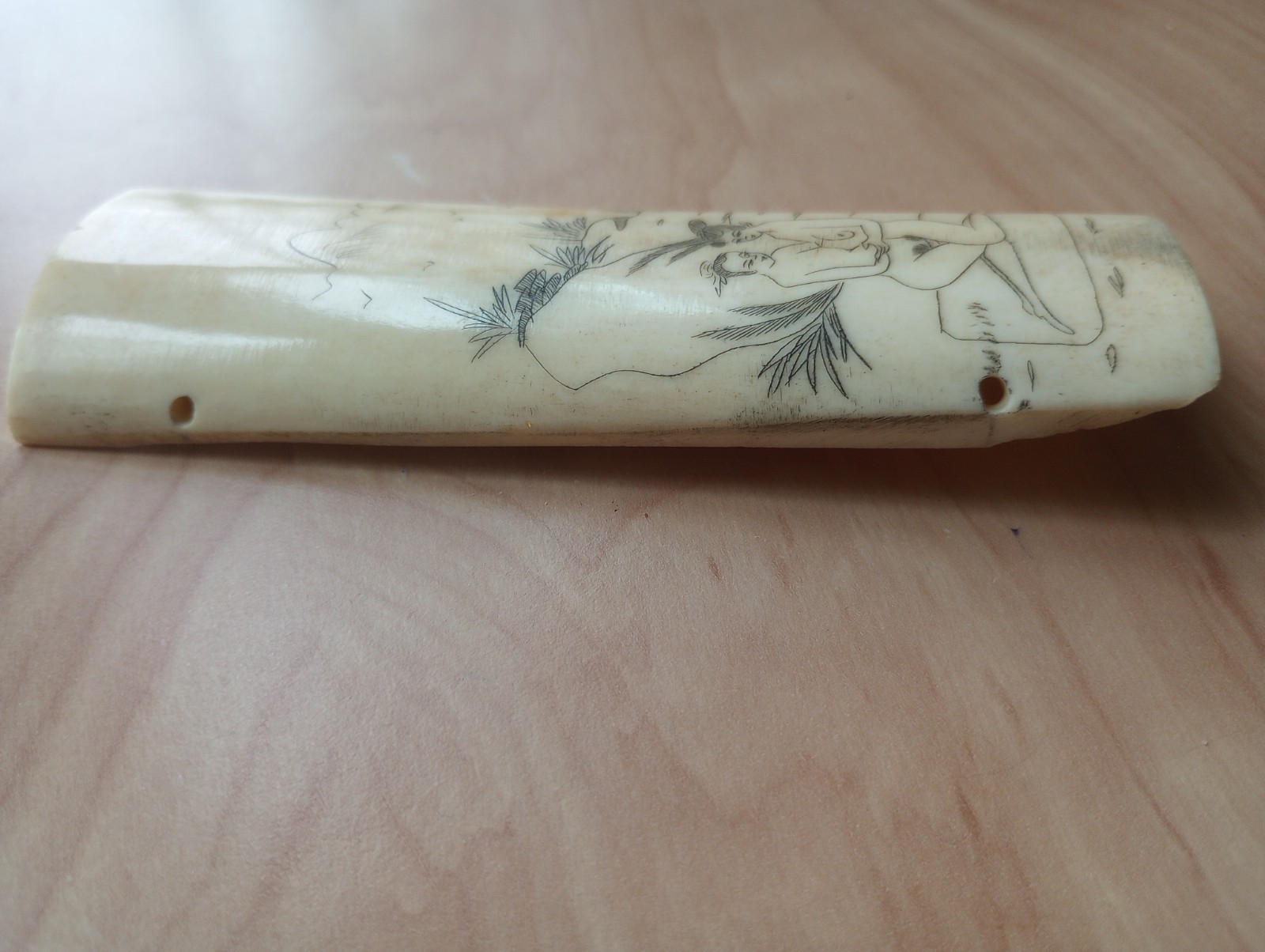Two Antique Chinese Scrimshaw Shunga Panels Etched Erotica On Bone