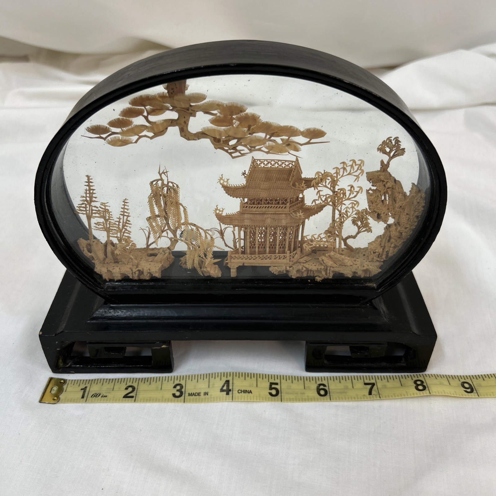 Set Of Vtg Oval Chinese Cork Art Hand Carved Diorama Pagoda Cranes Trees Cliff
