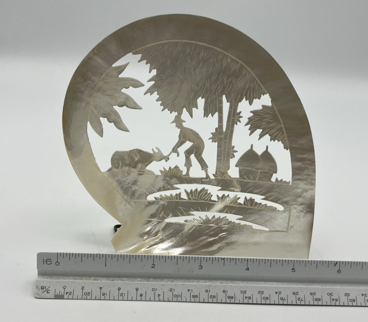 Carved Mother of Pearl Shell Asian Scene with Stand 6″ Tall
