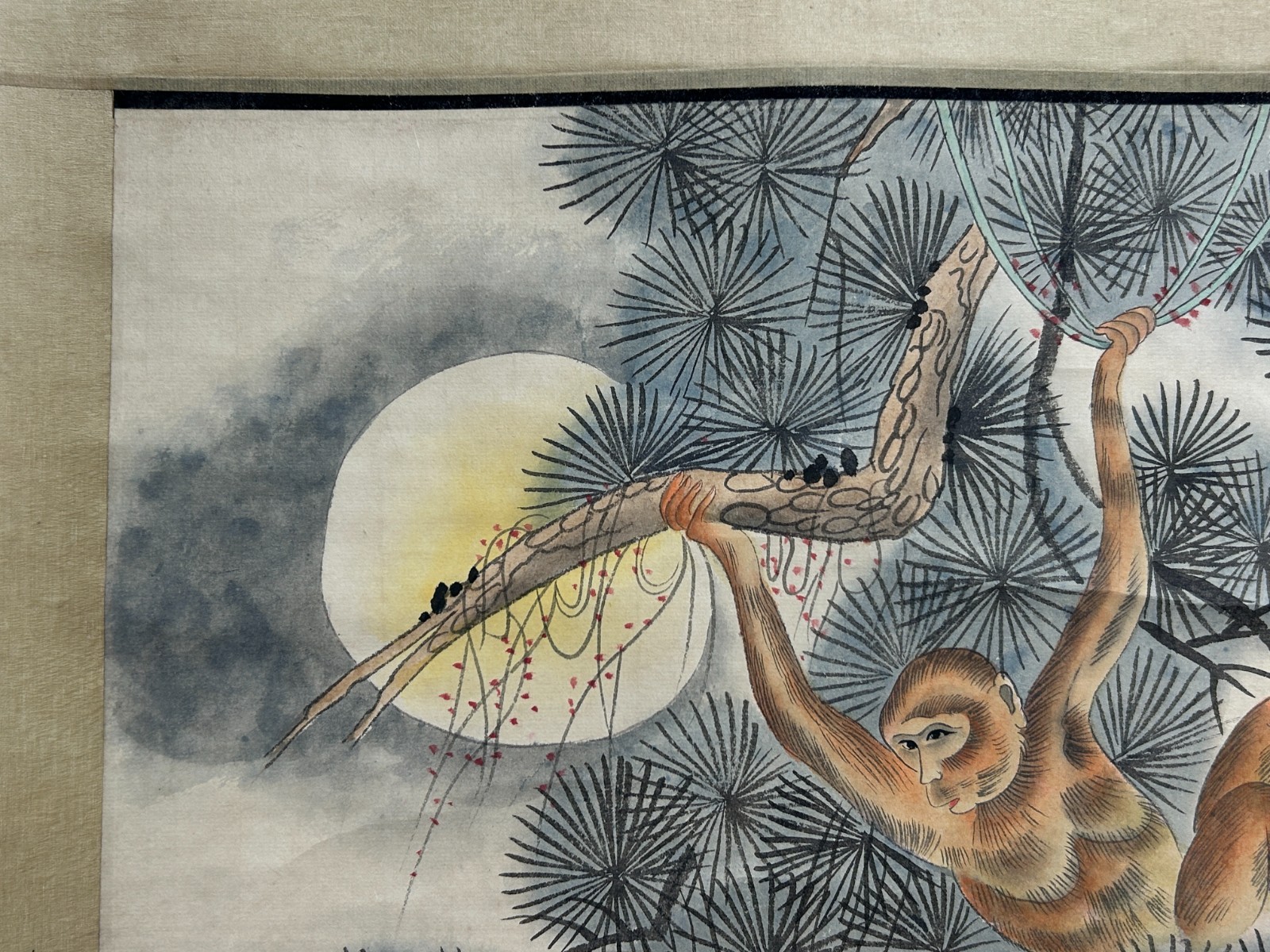 Oriental Scholar Monkeys Ink Brush Color Scroll Painting Wall Art ws4781