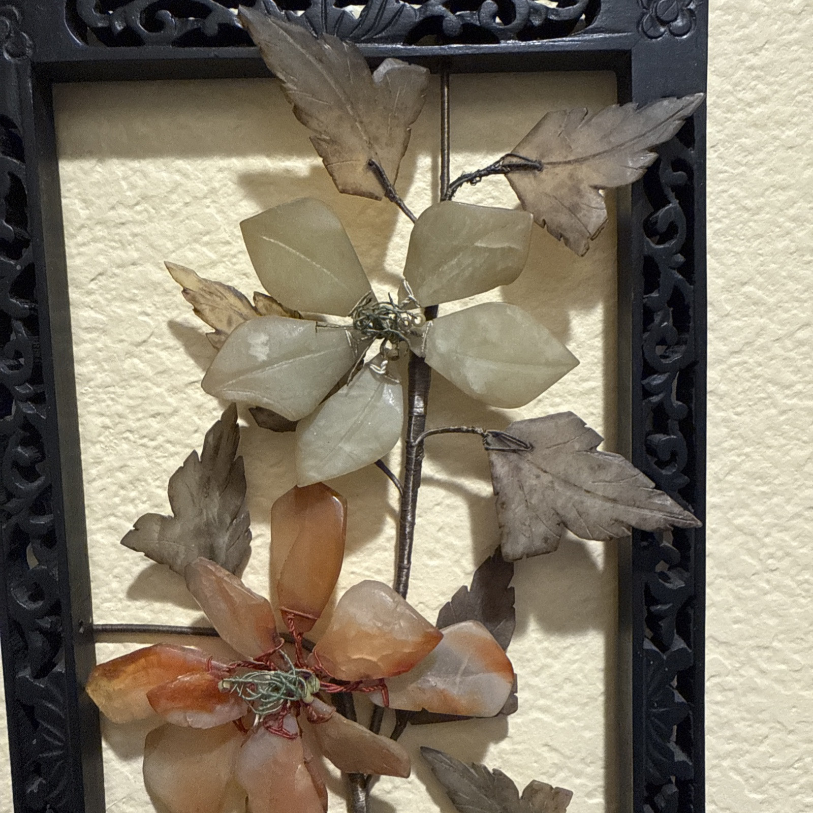 Vintage Handmade Oriental Carnelian, Agate Flower Black Rectangle frame